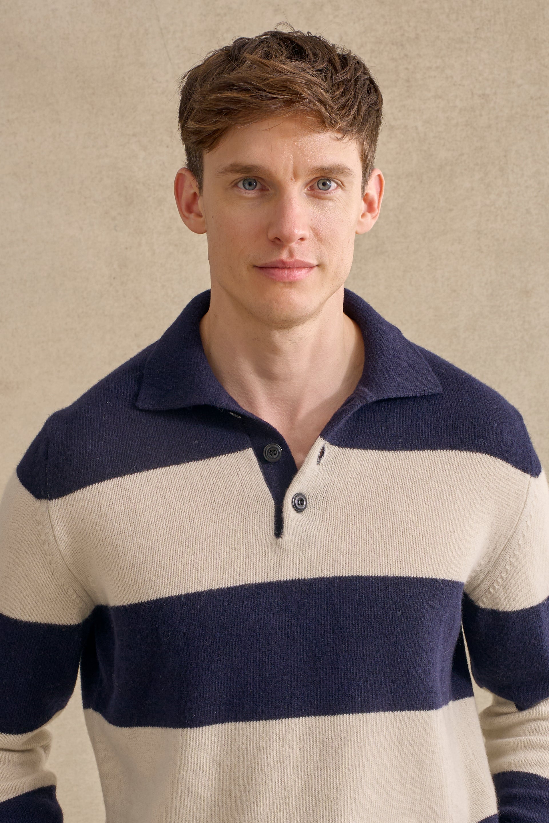Navy & Cream Stripe Lambswool Knitted Polo