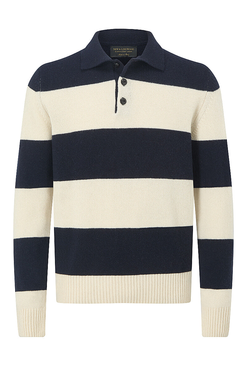 Navy & Cream Stripe Lambswool Knitted Polo