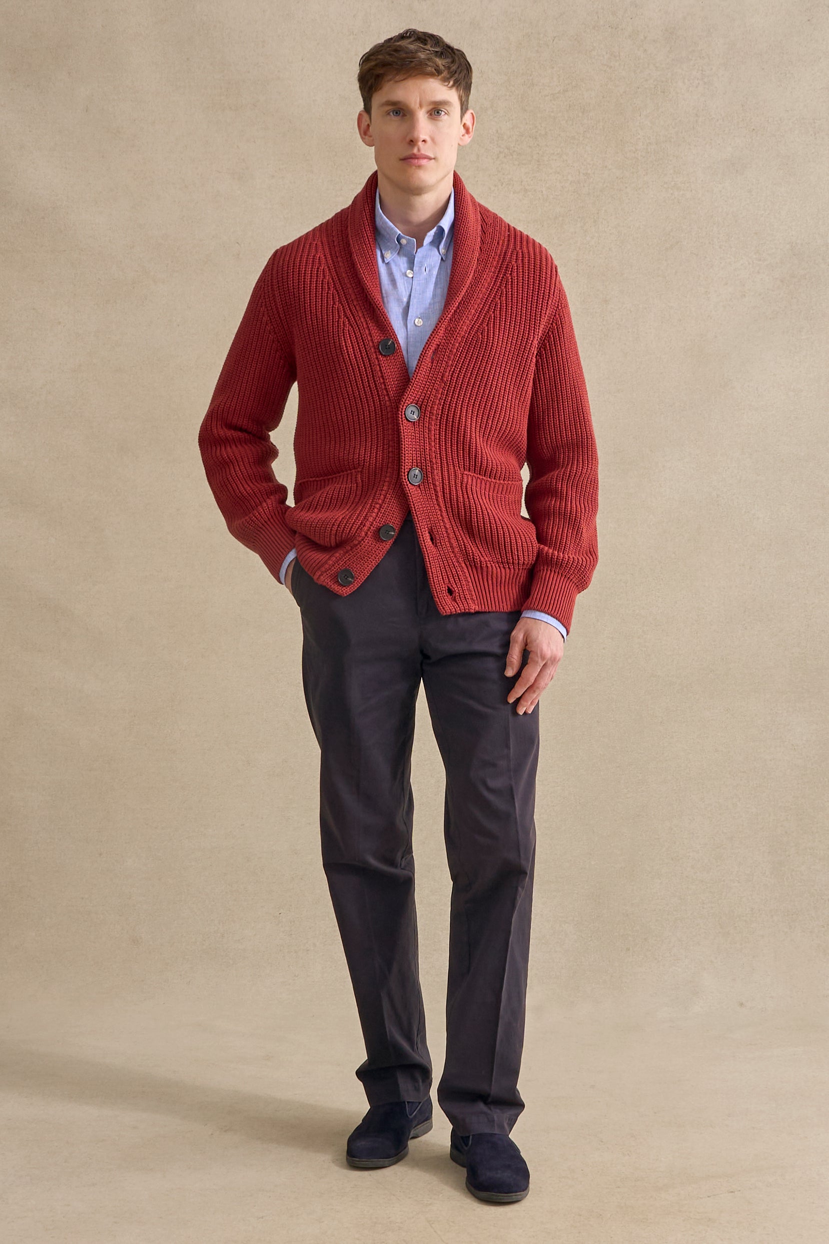 Rust Cotton Shawl Collar Cardigan