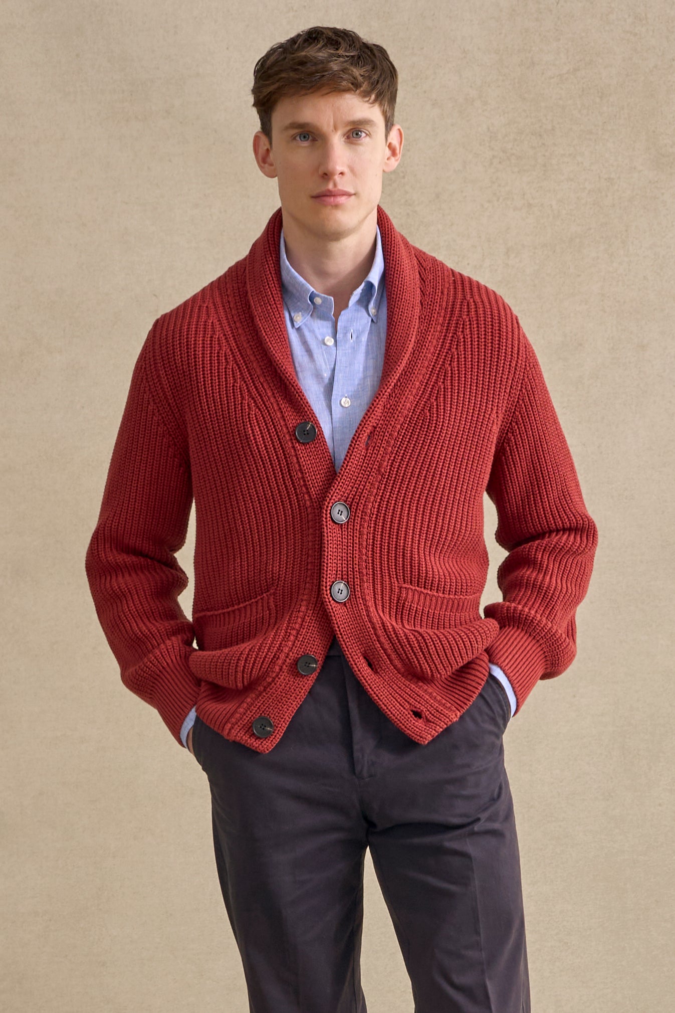 Rust Cotton Shawl Collar Cardigan