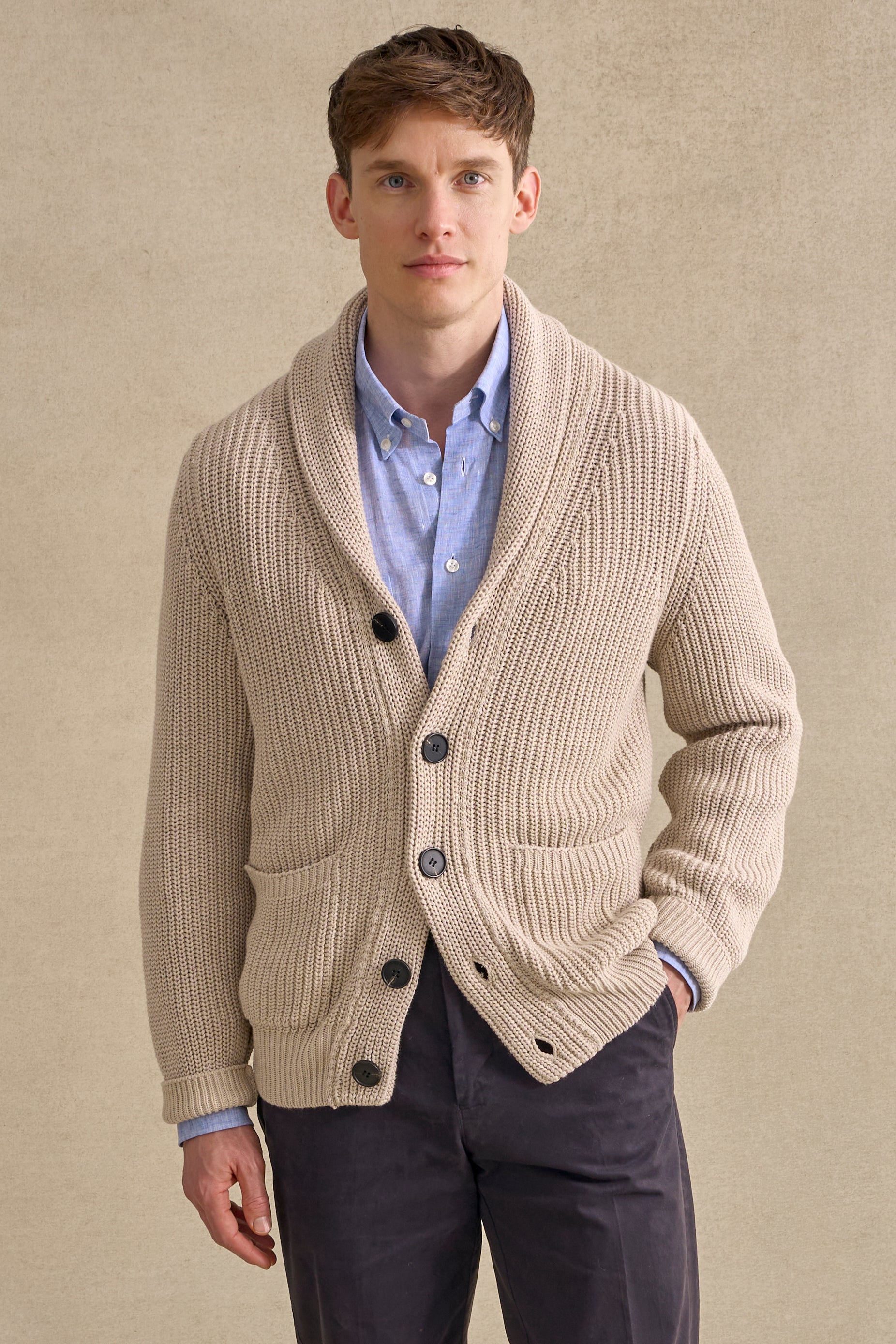 Cream Cotton Shawl Collar Cardigan