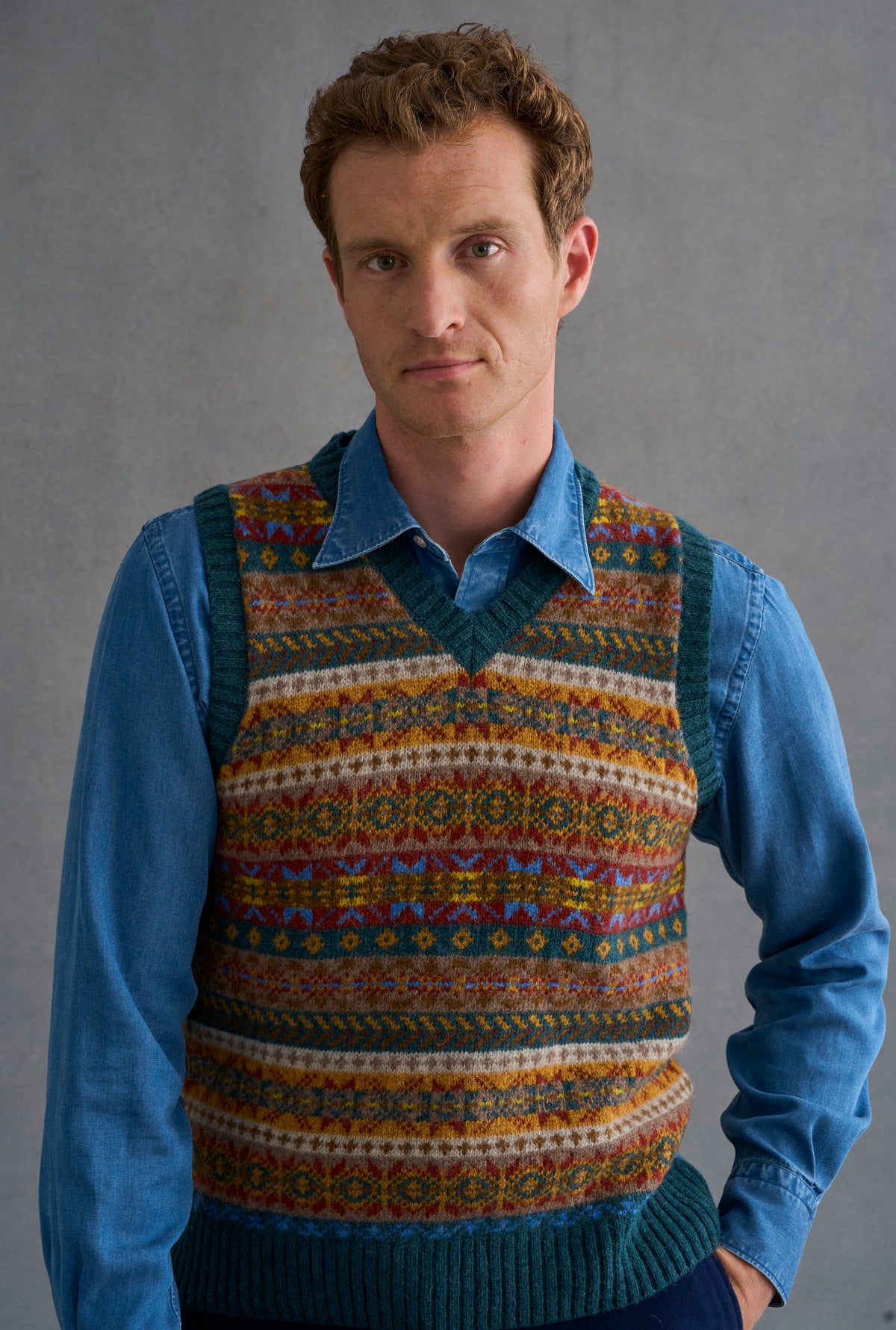 Blue & Yellow Fair Isle V Neck Slipover