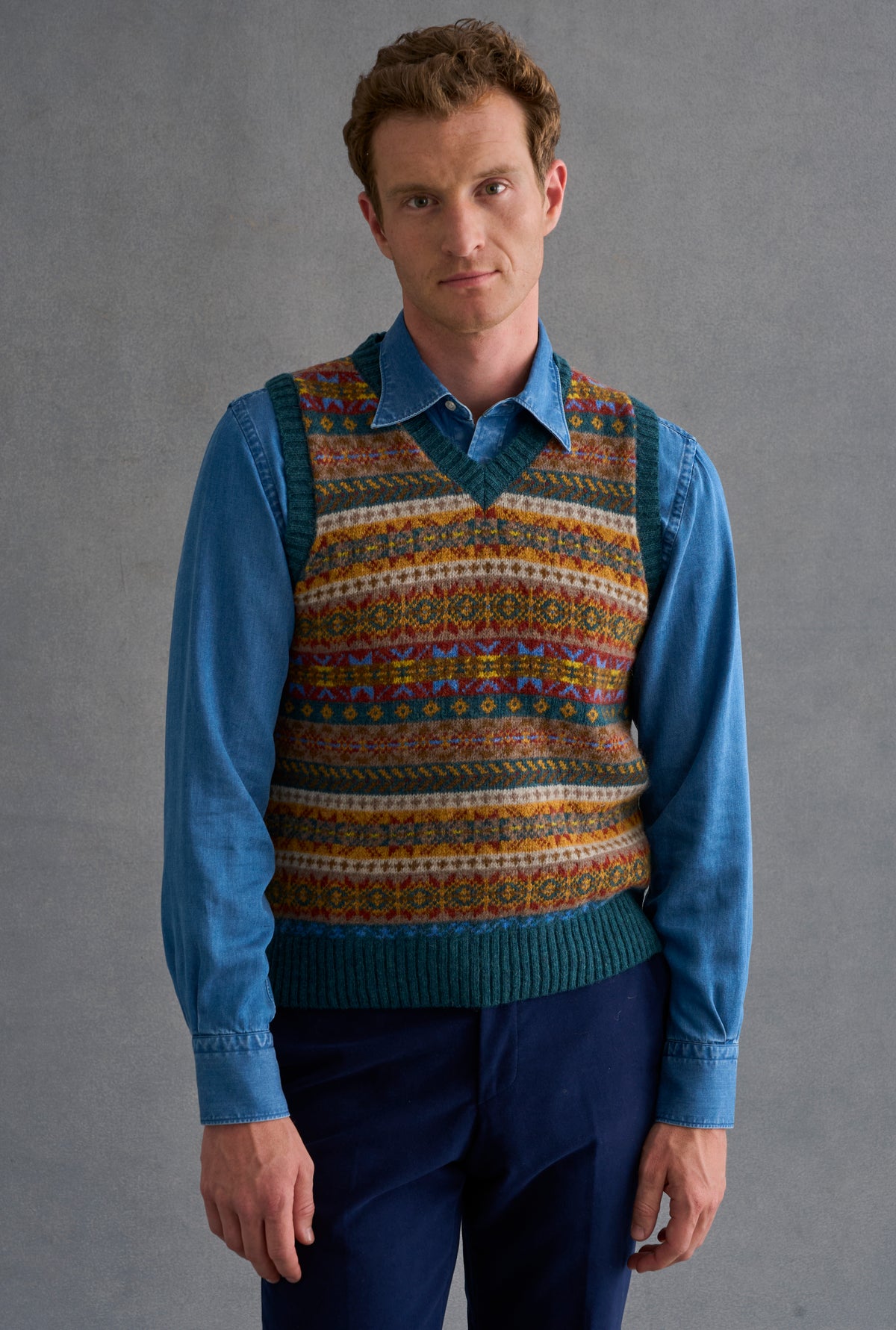Blue & Yellow Fair Isle V Neck Slipover