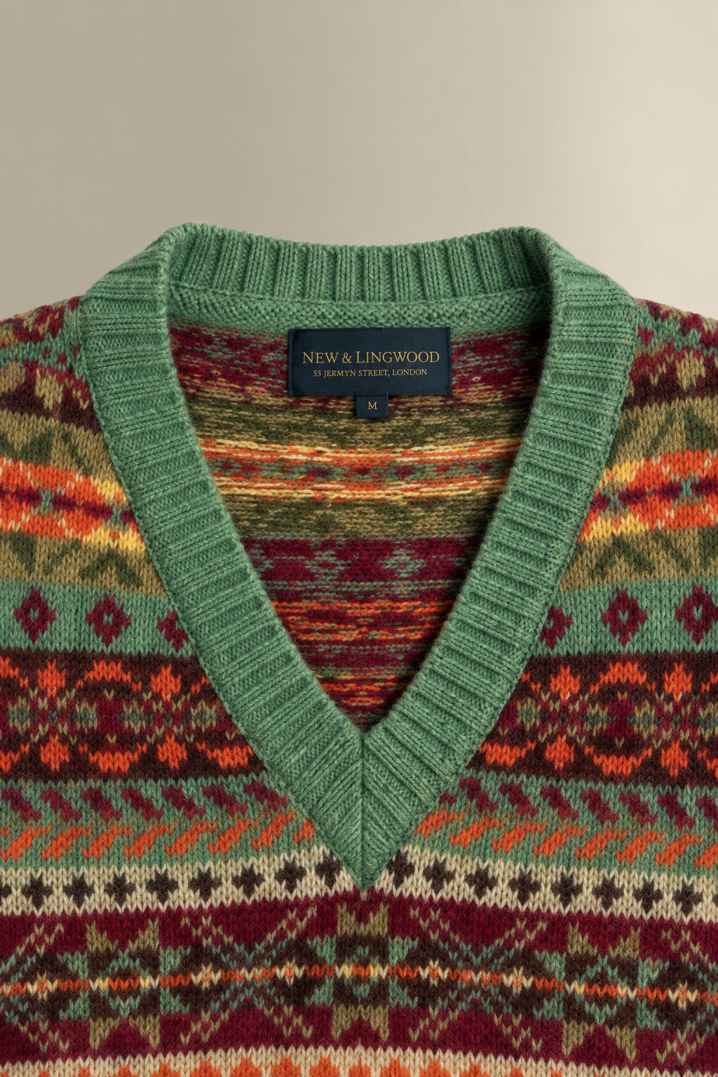 Green & Orange Fair Isle V Neck Slipover