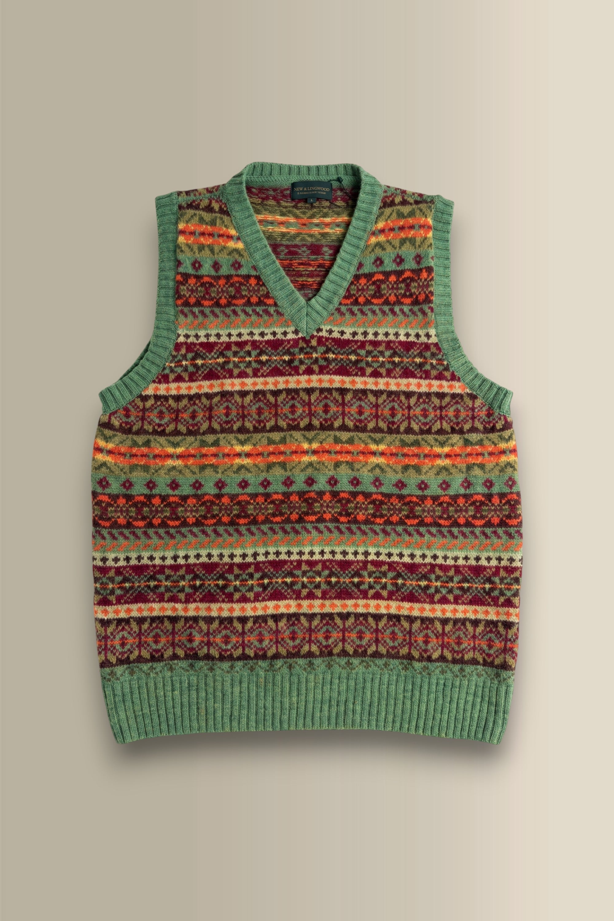 Green & Orange Fair Isle V Neck Slipover