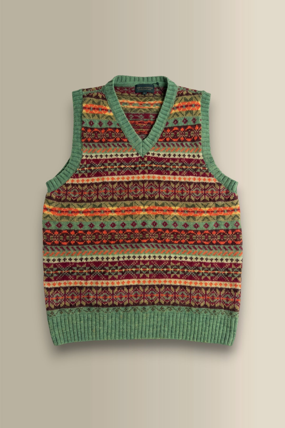 Green & Orange Fair Isle V Neck Slipover