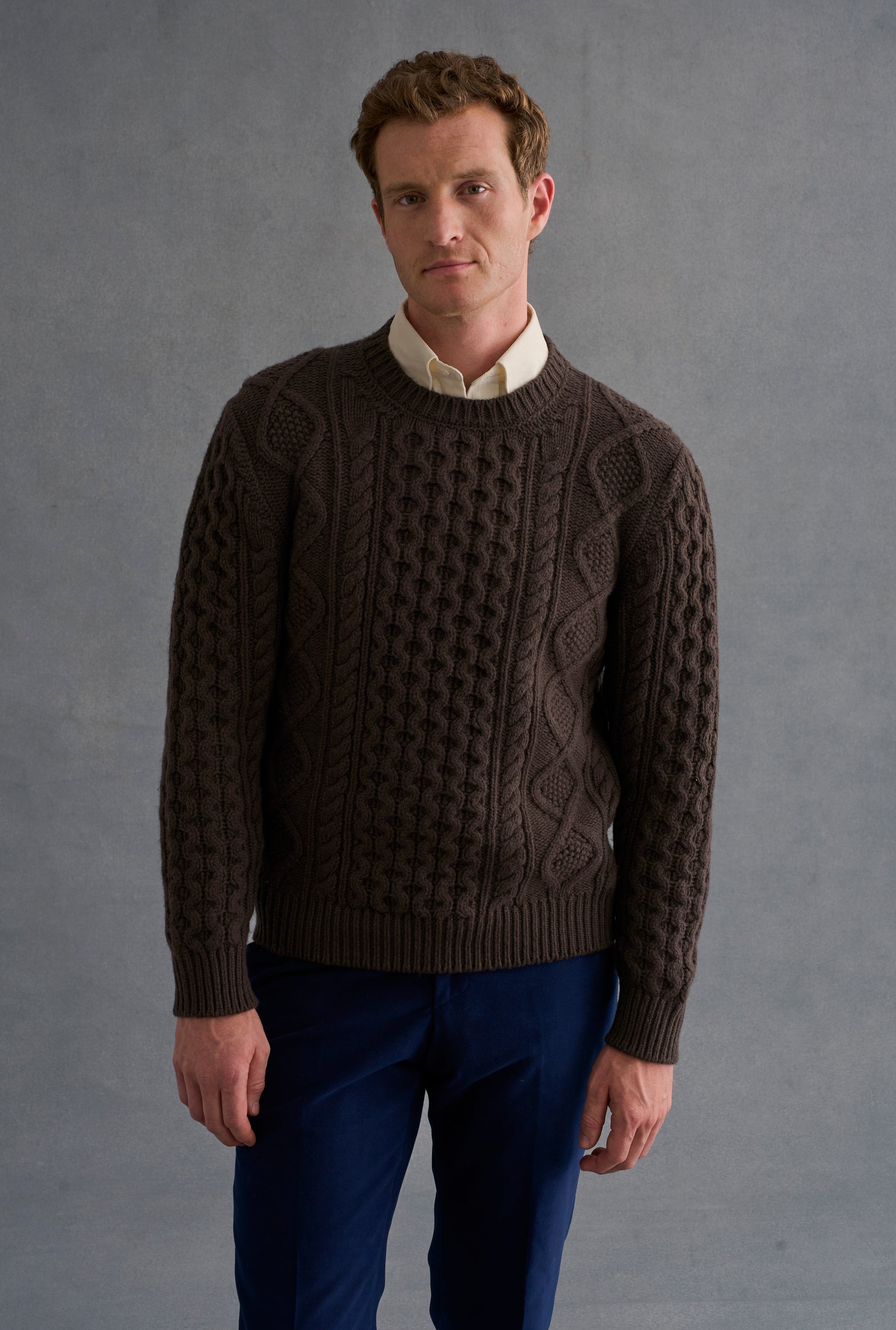 Brown Cable Knit Crew Neck Brushed Wool & Cashmere Jumper