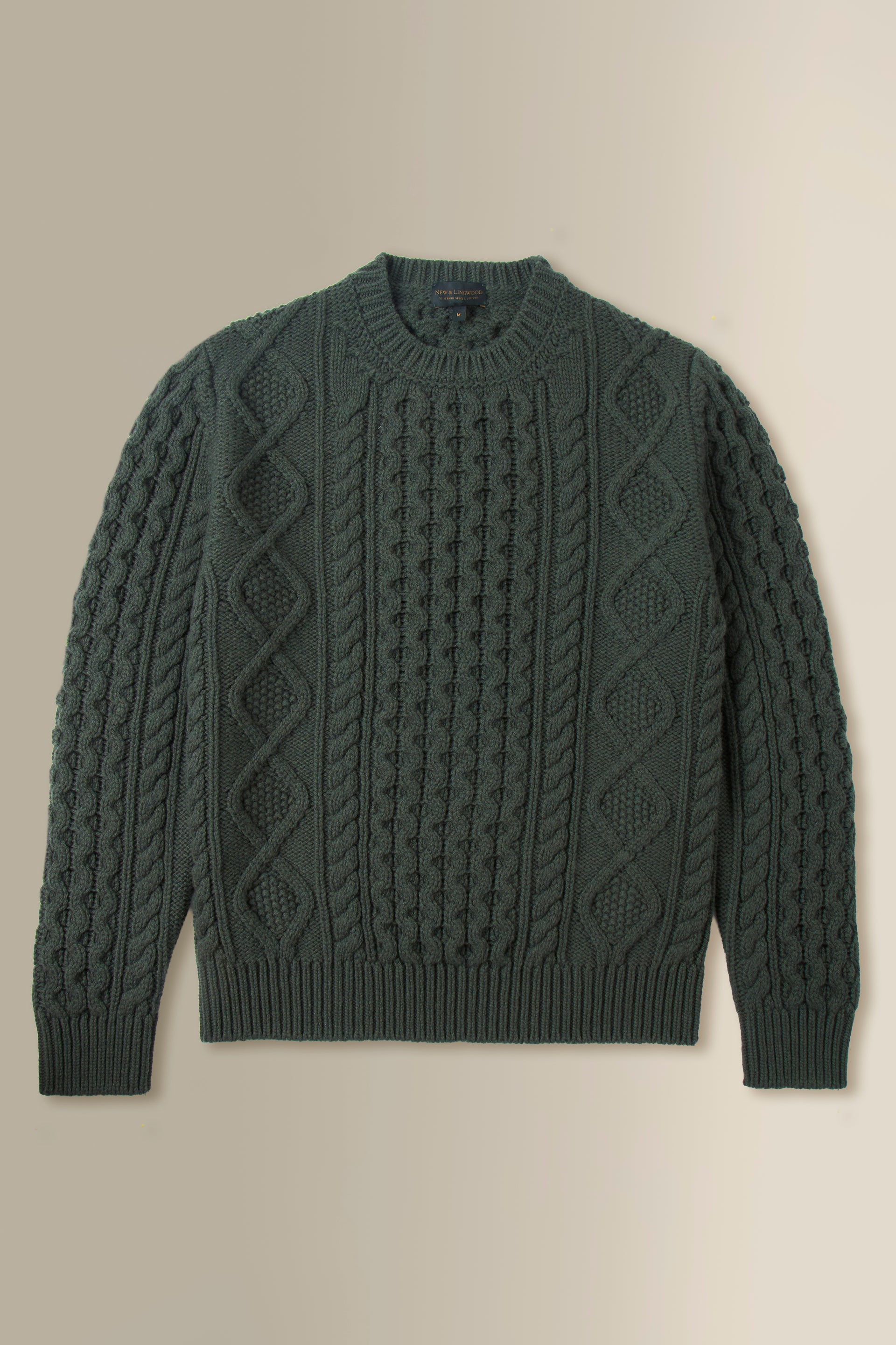 Green Cable Knit Crew Neck Brushed Wool & Cashmere Jumper
