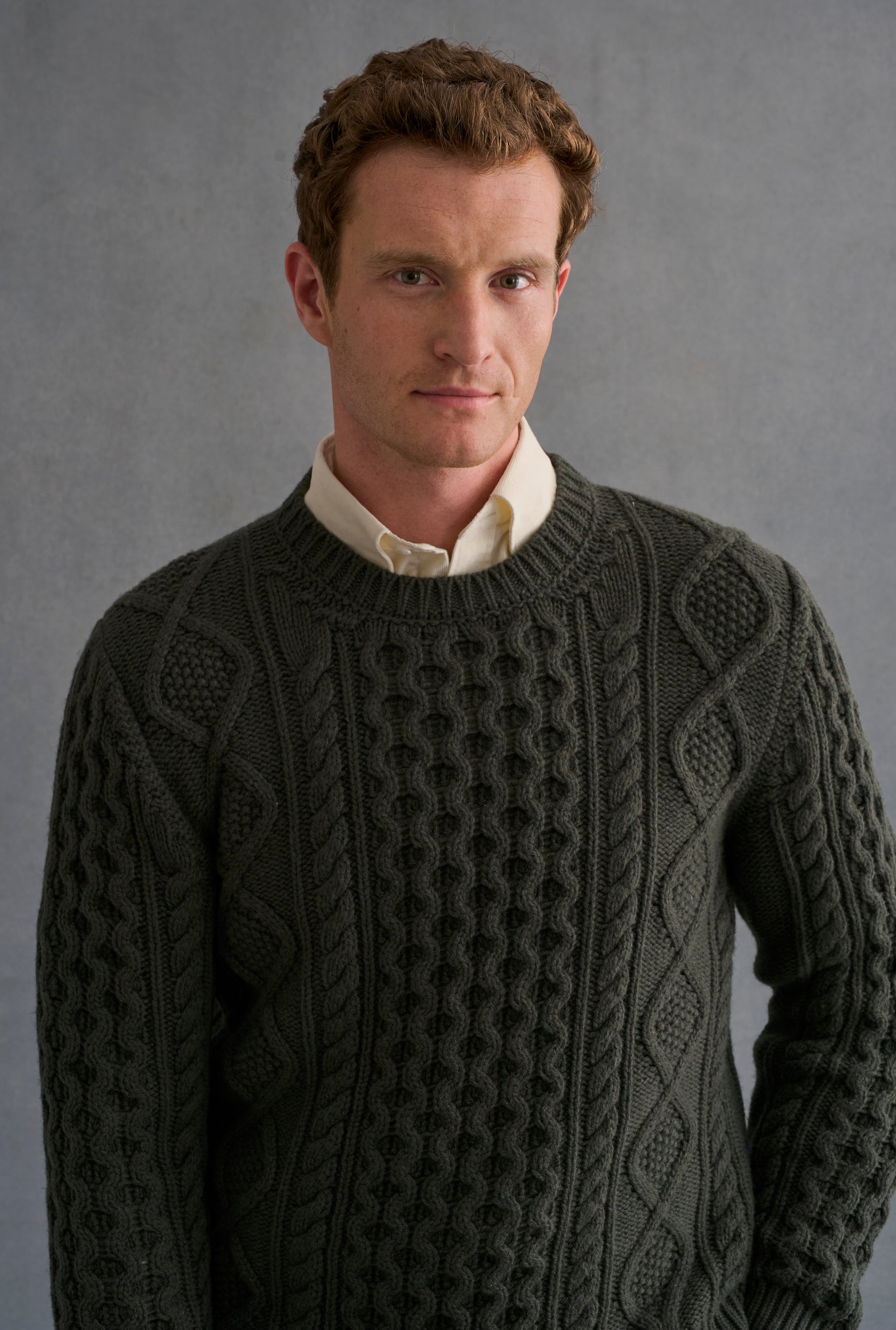 Green Cable Knit Crew Neck Brushed Wool & Cashmere Jumper