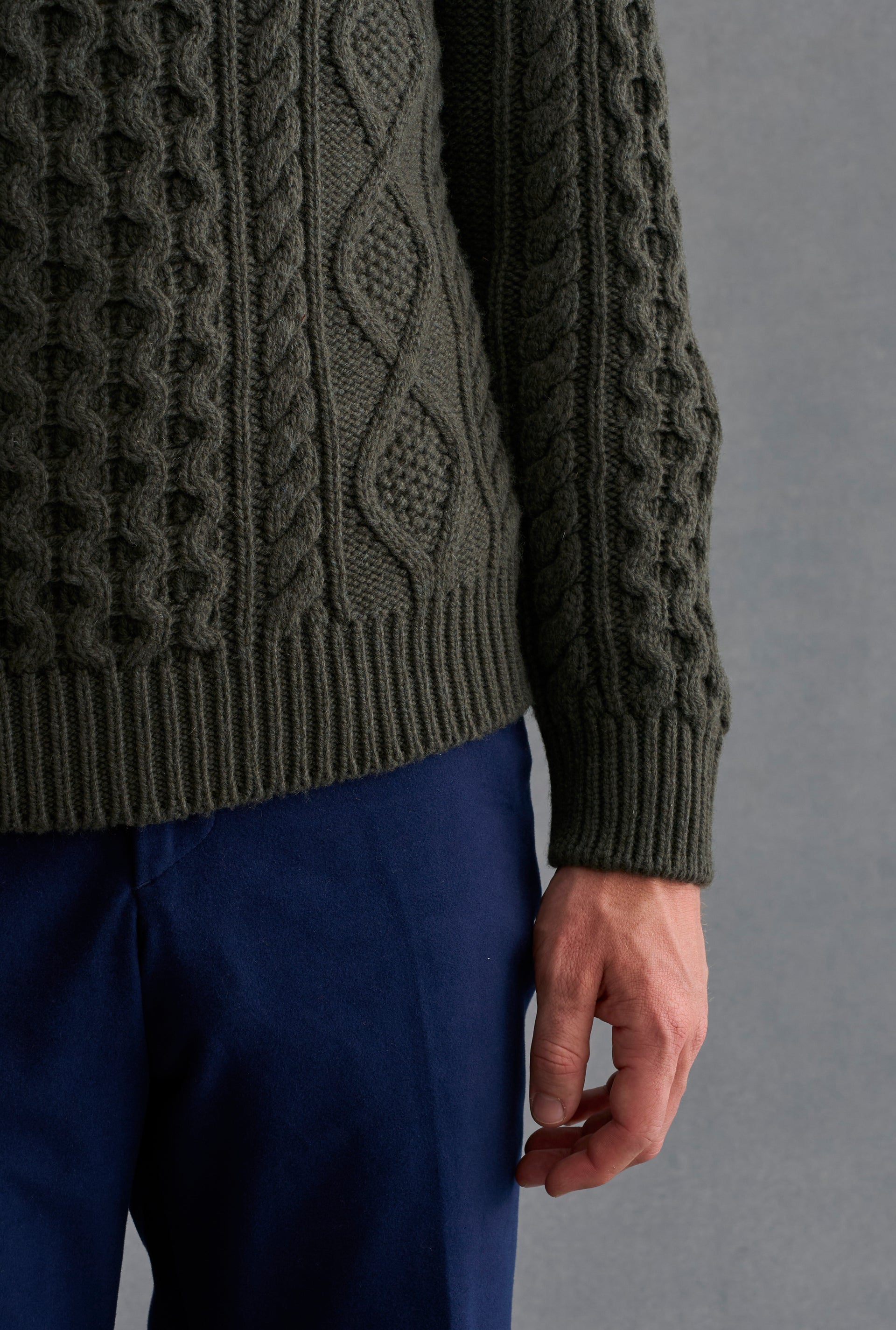 Green Cable Knit Crew Neck Brushed Wool & Cashmere Jumper