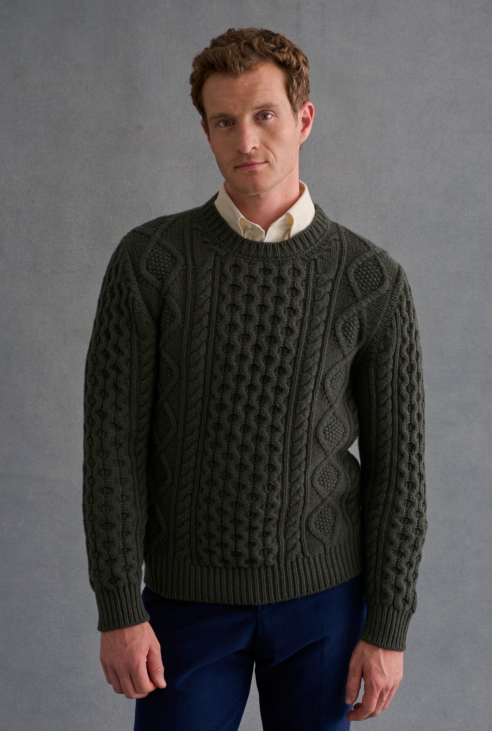 Green Cable Knit Crew Neck Brushed Wool & Cashmere Jumper