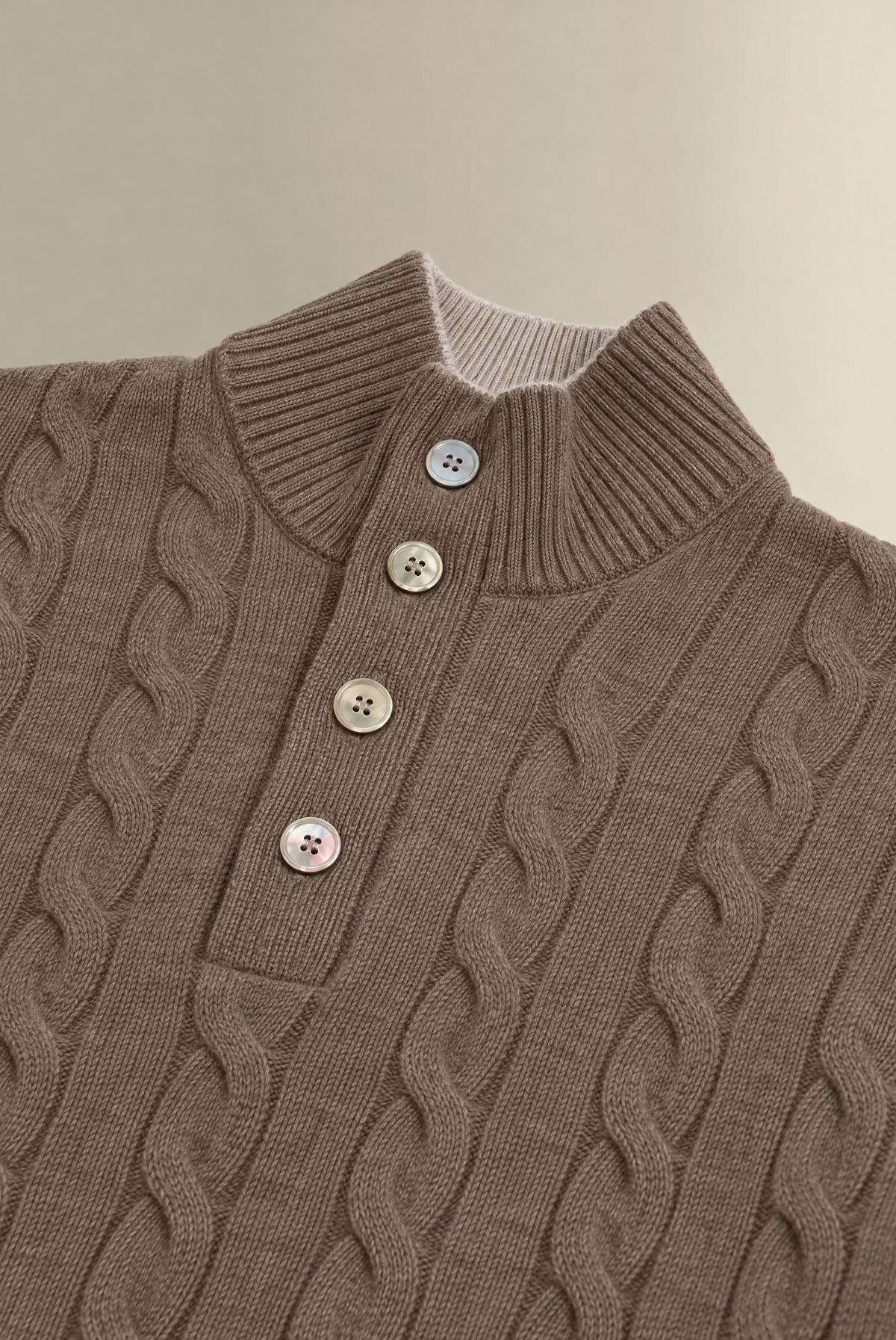 Brown & Grey Button Neck Cable Knit Cashmere Jumper