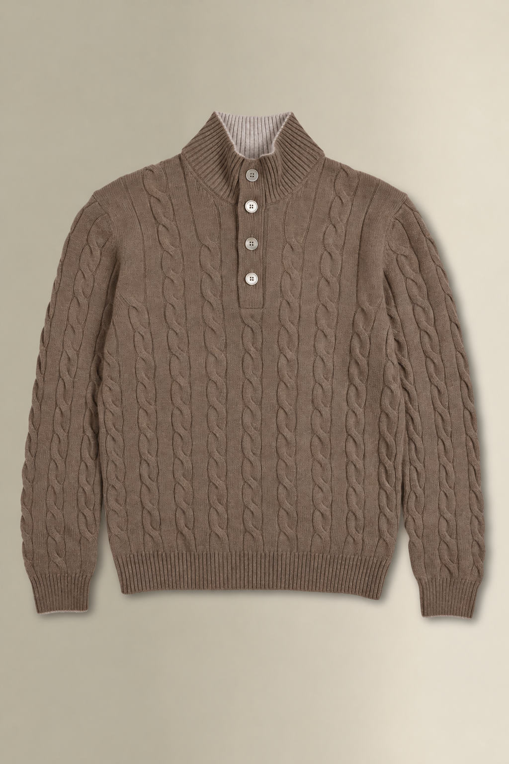 Brown & Grey Button Neck Cable Knit Cashmere Jumper