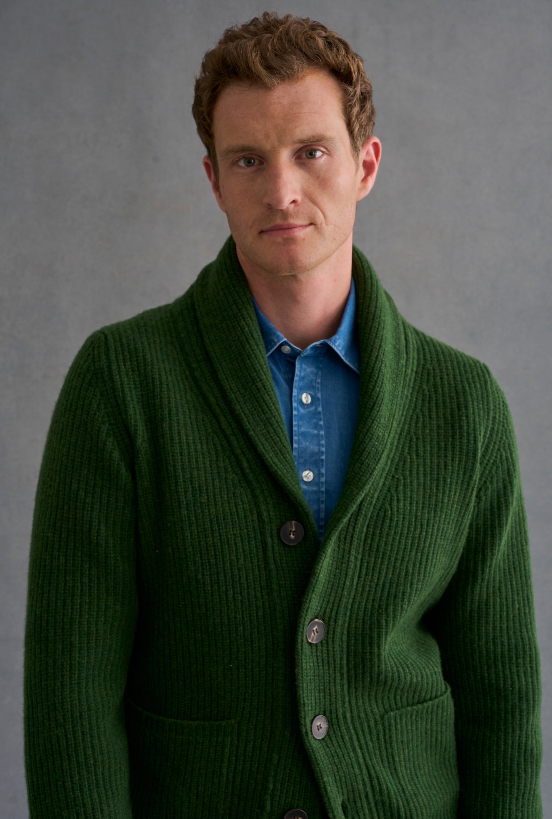 Green Shawl Collar Lambswool Cardigan