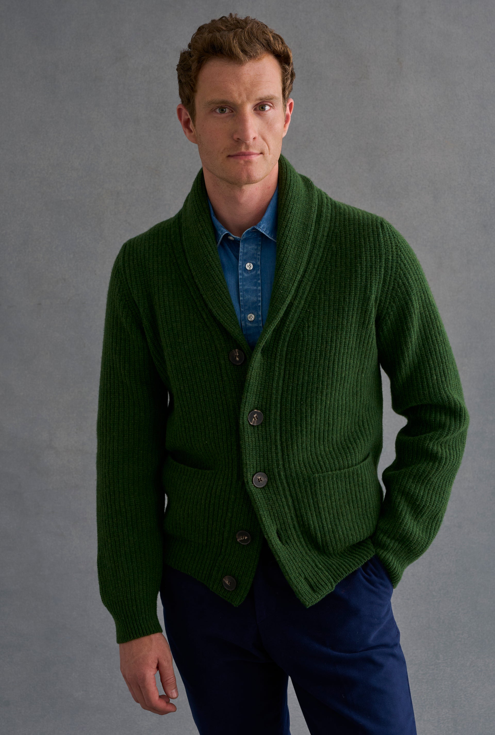 Green Shawl Collar Lambswool Cardigan