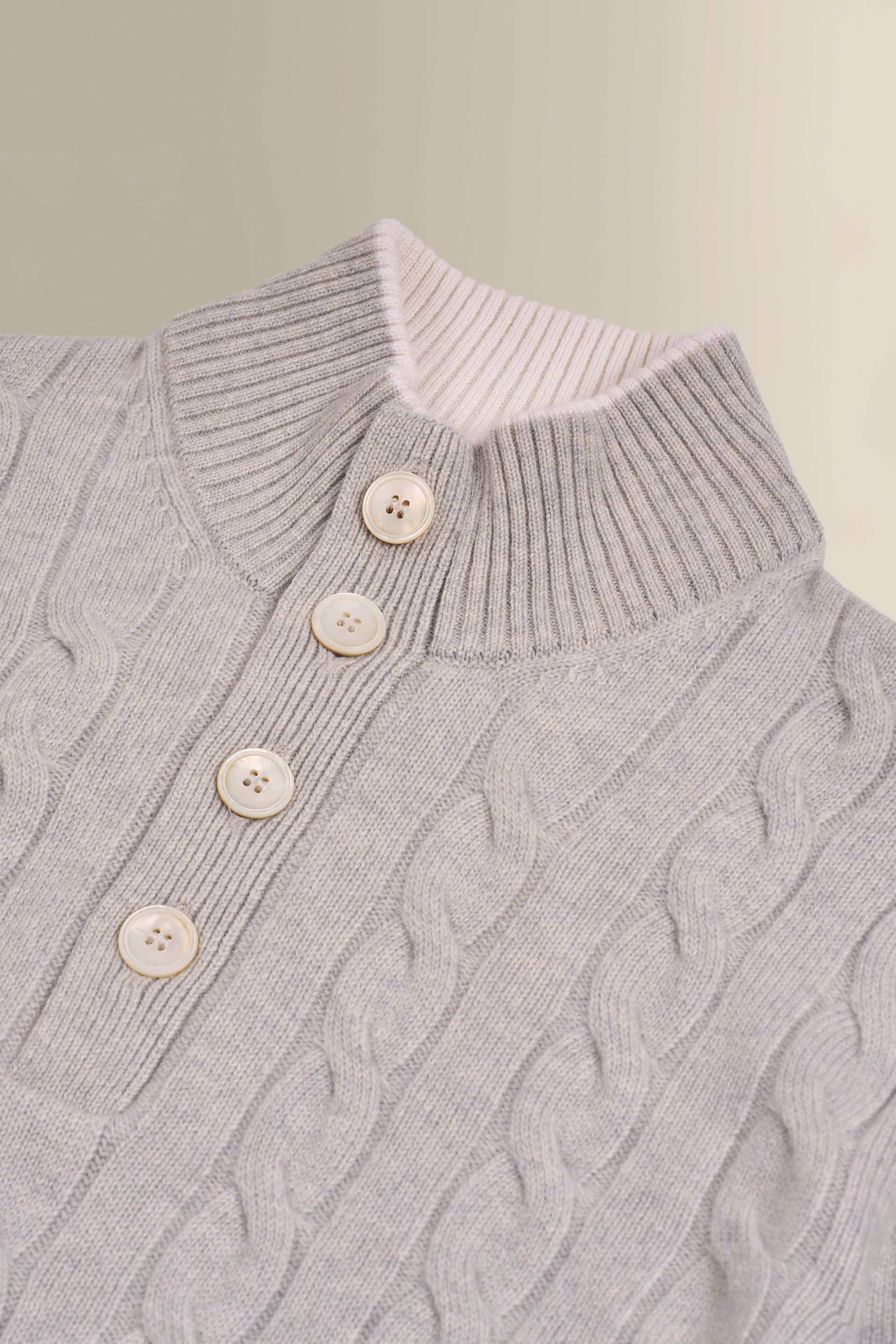 Grey & Cream Button Neck Cable Knit Cashmere Jumper