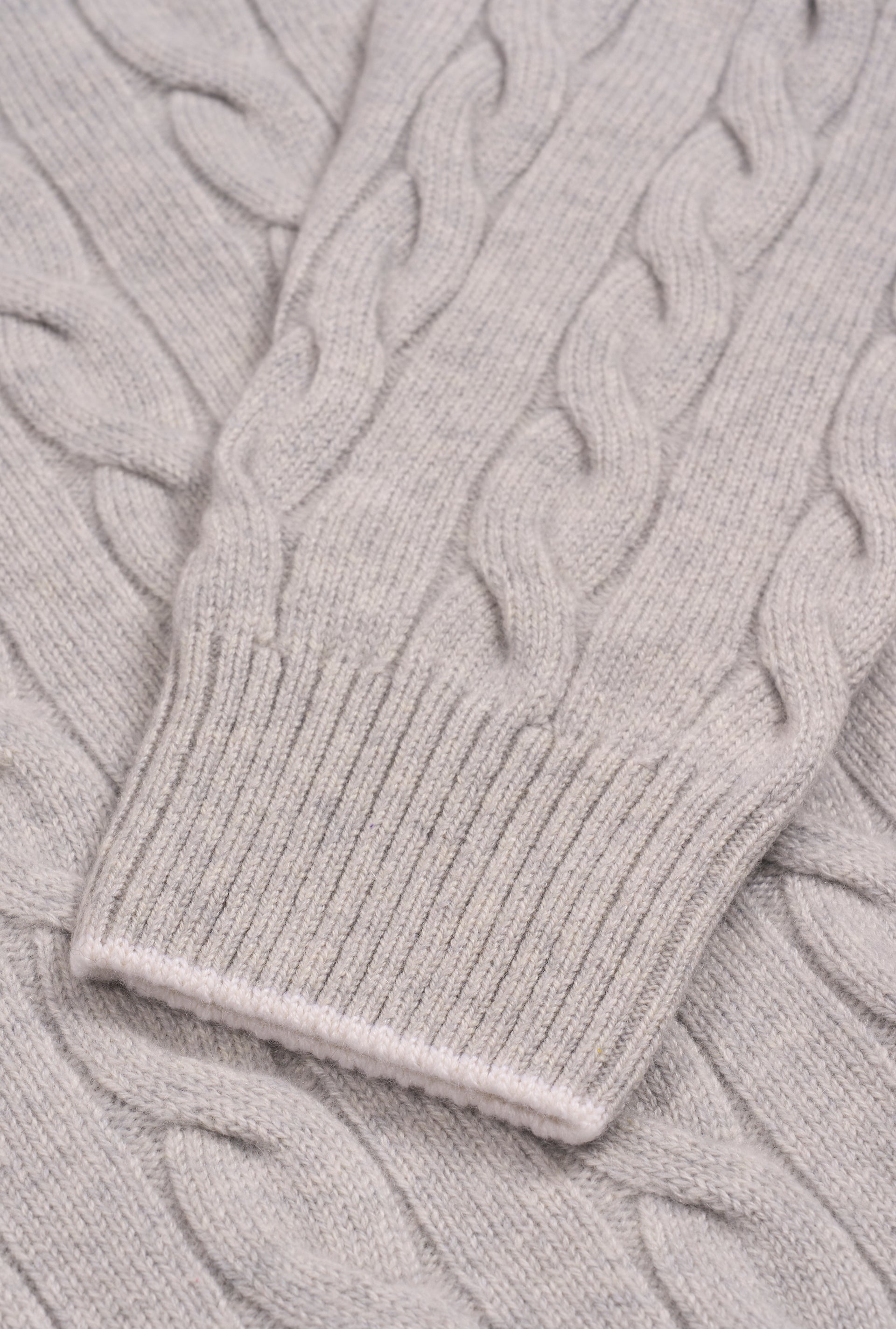 Grey & Cream Button Neck Cable Knit Cashmere Jumper