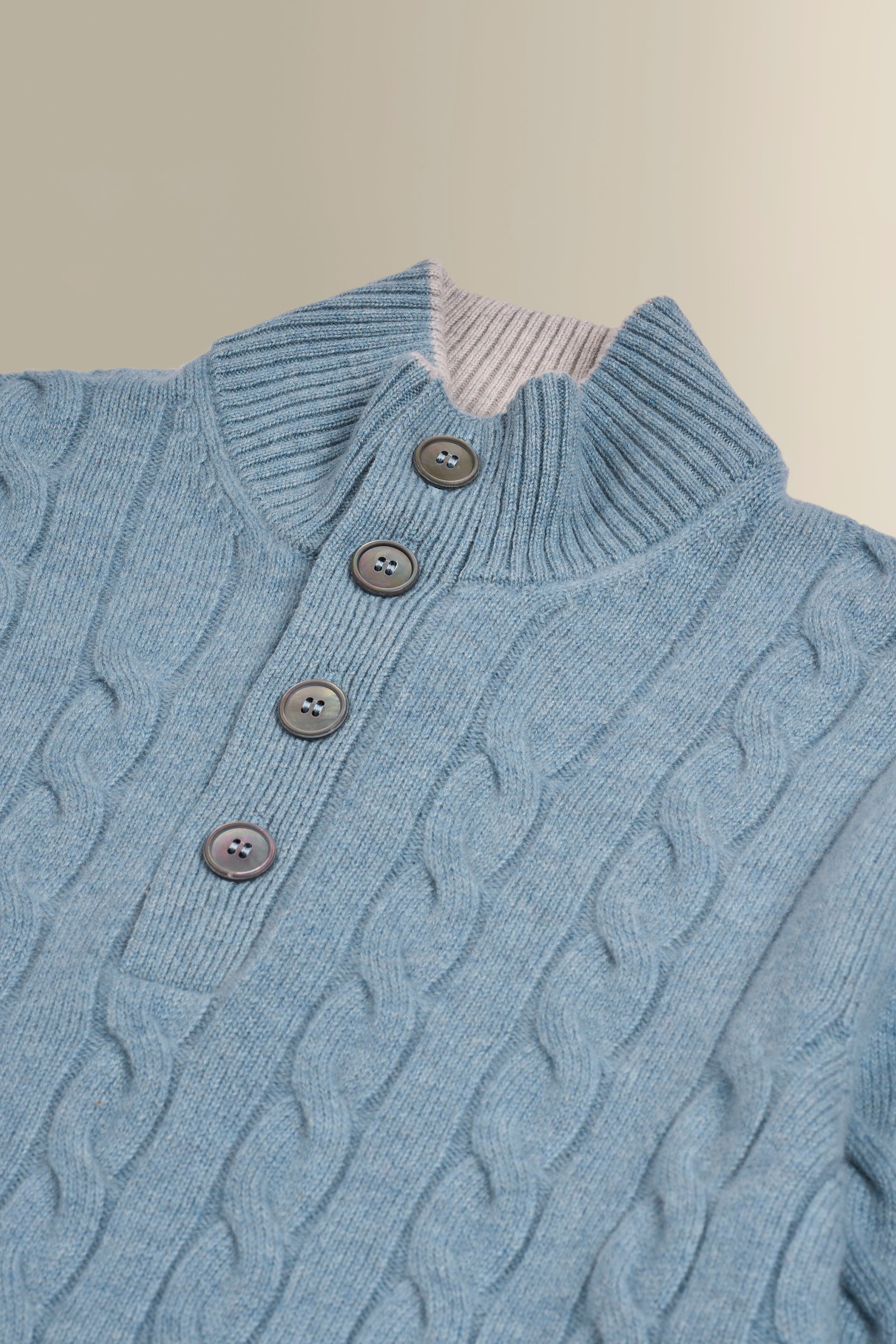 Blue & Grey Button Neck Cable Knit Cashmere Jumper