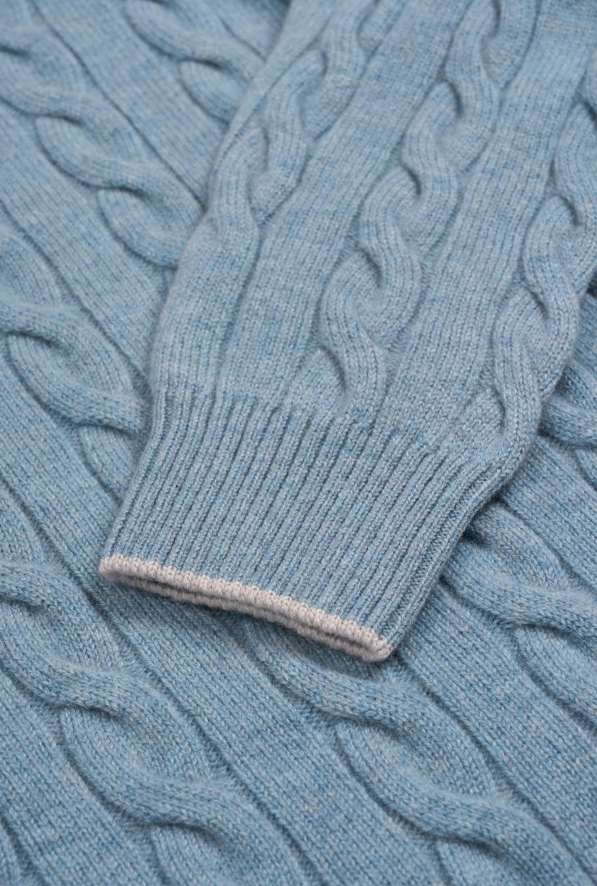 Blue & Grey Button Neck Cable Knit Cashmere Jumper
