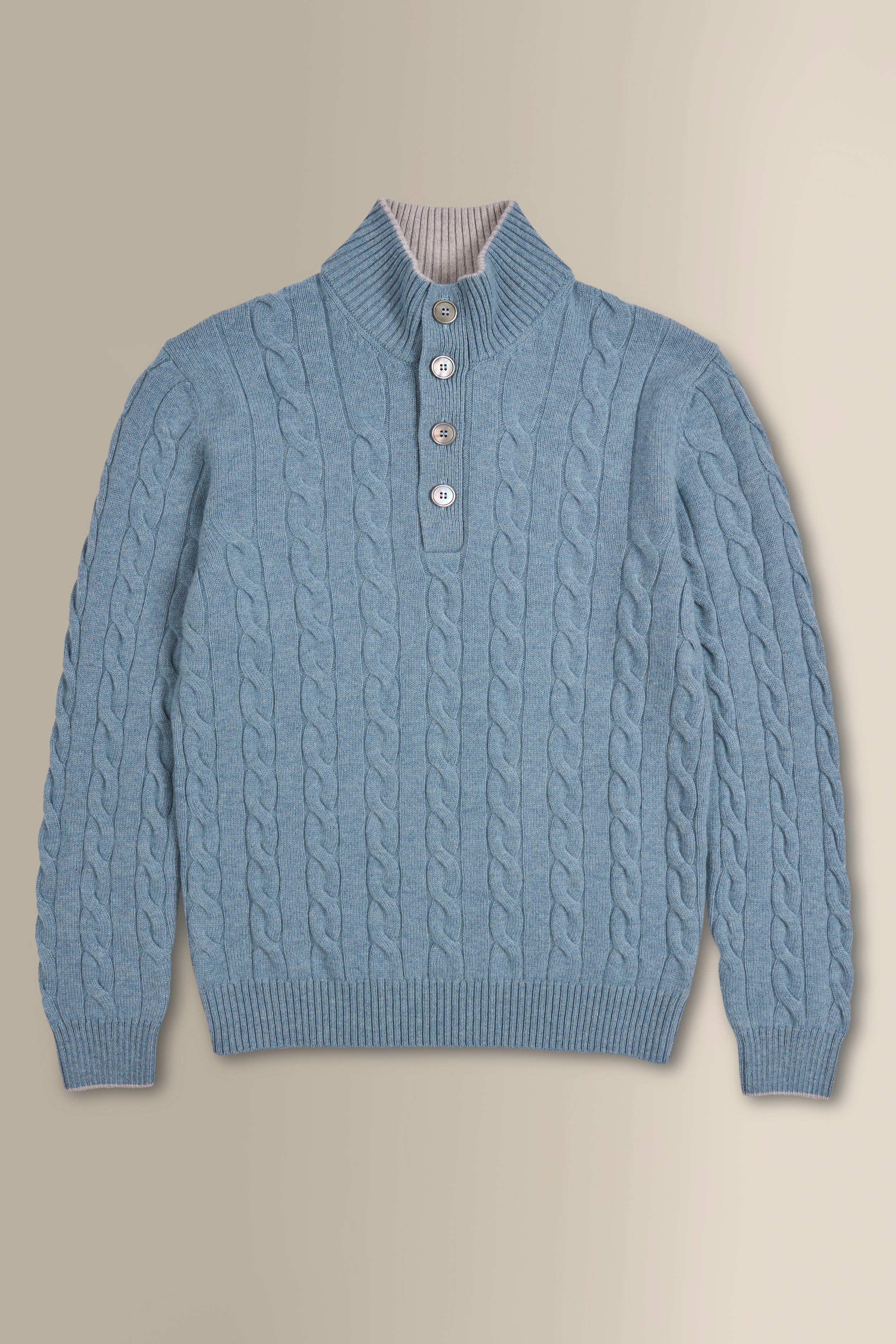 Blue & Grey Button Neck Cable Knit Jumper