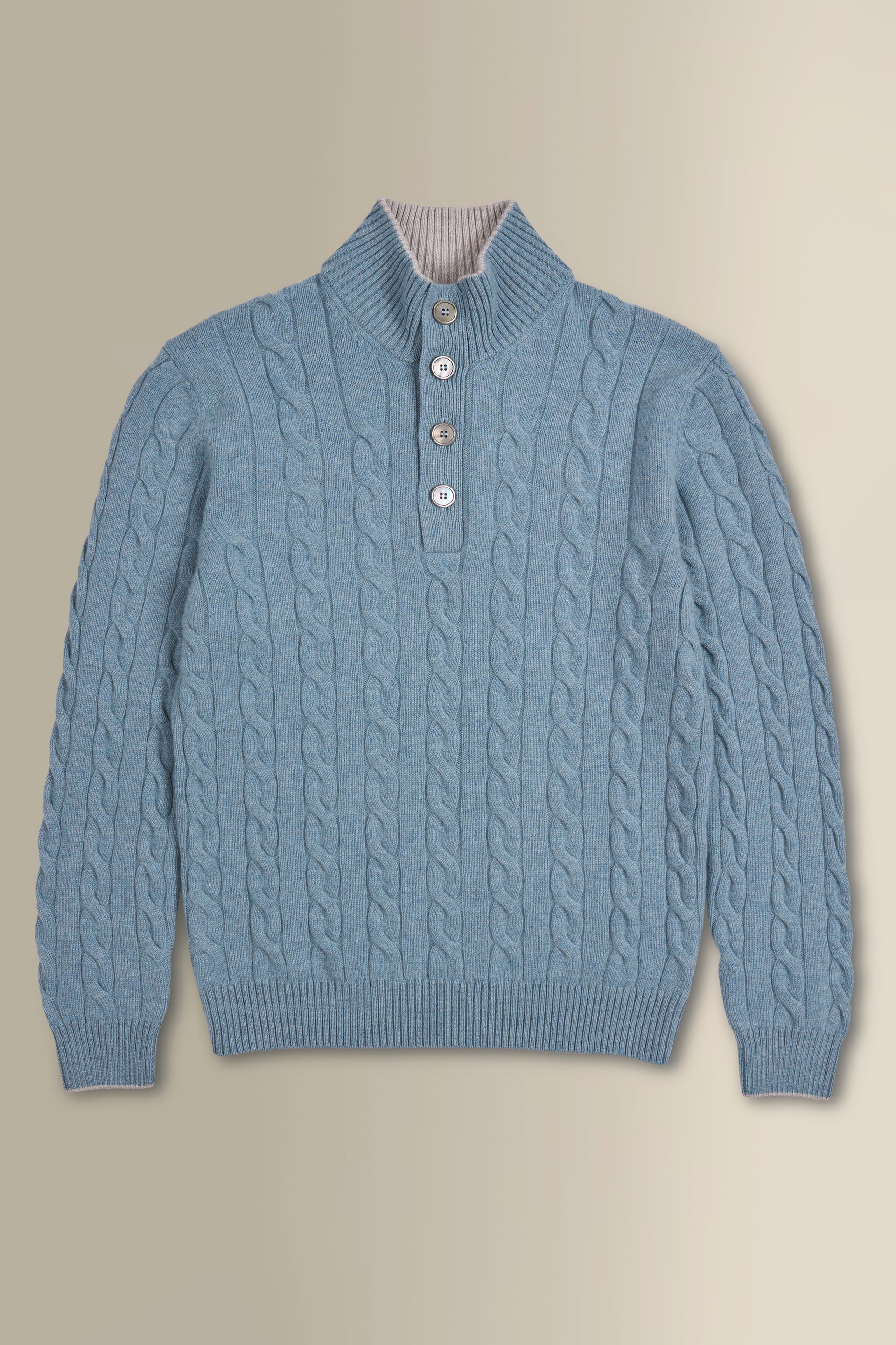 Blue & Grey Button Neck Cable Knit Jumper