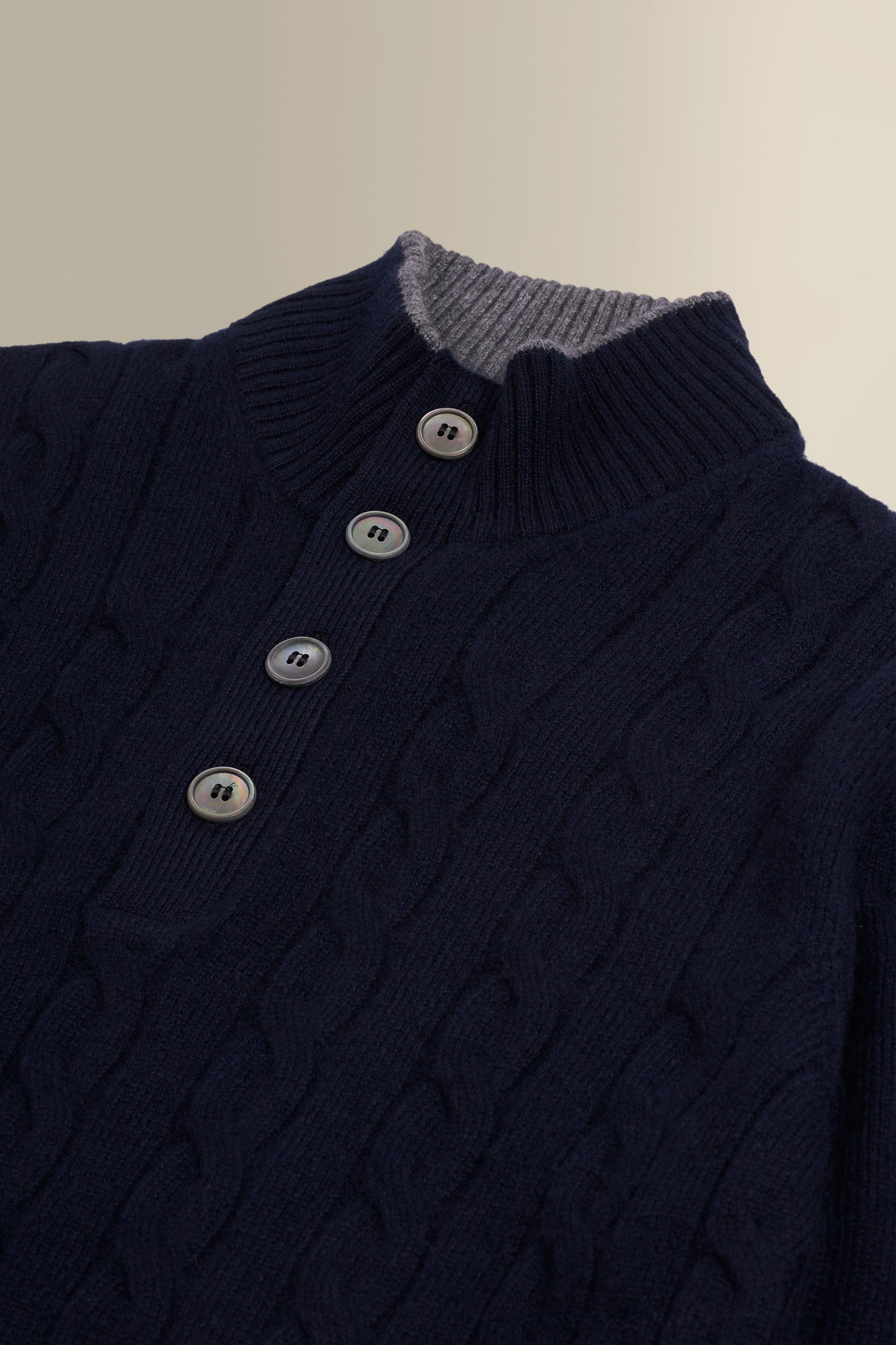 Navy & Grey Button Neck Cable Knit Cashmere Jumper