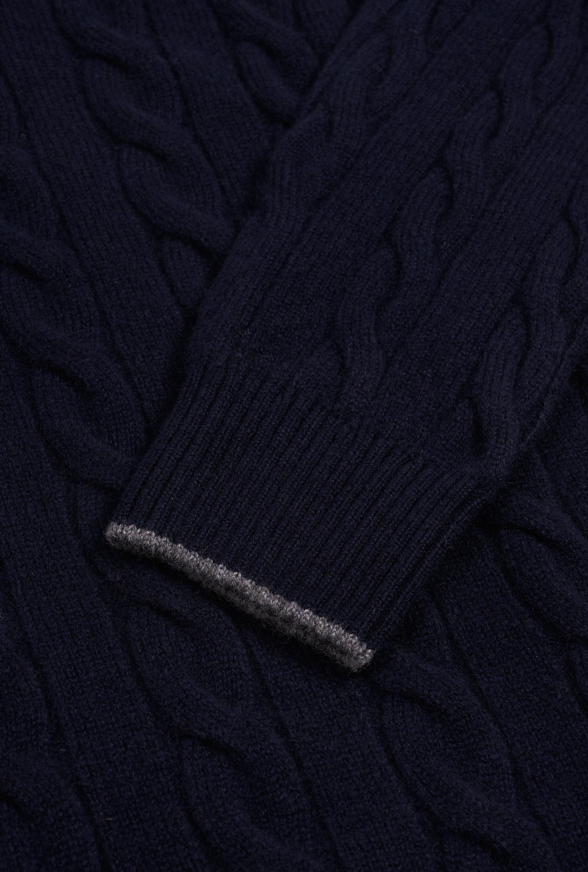 Navy & Grey Button Neck Cable Knit Cashmere Jumper