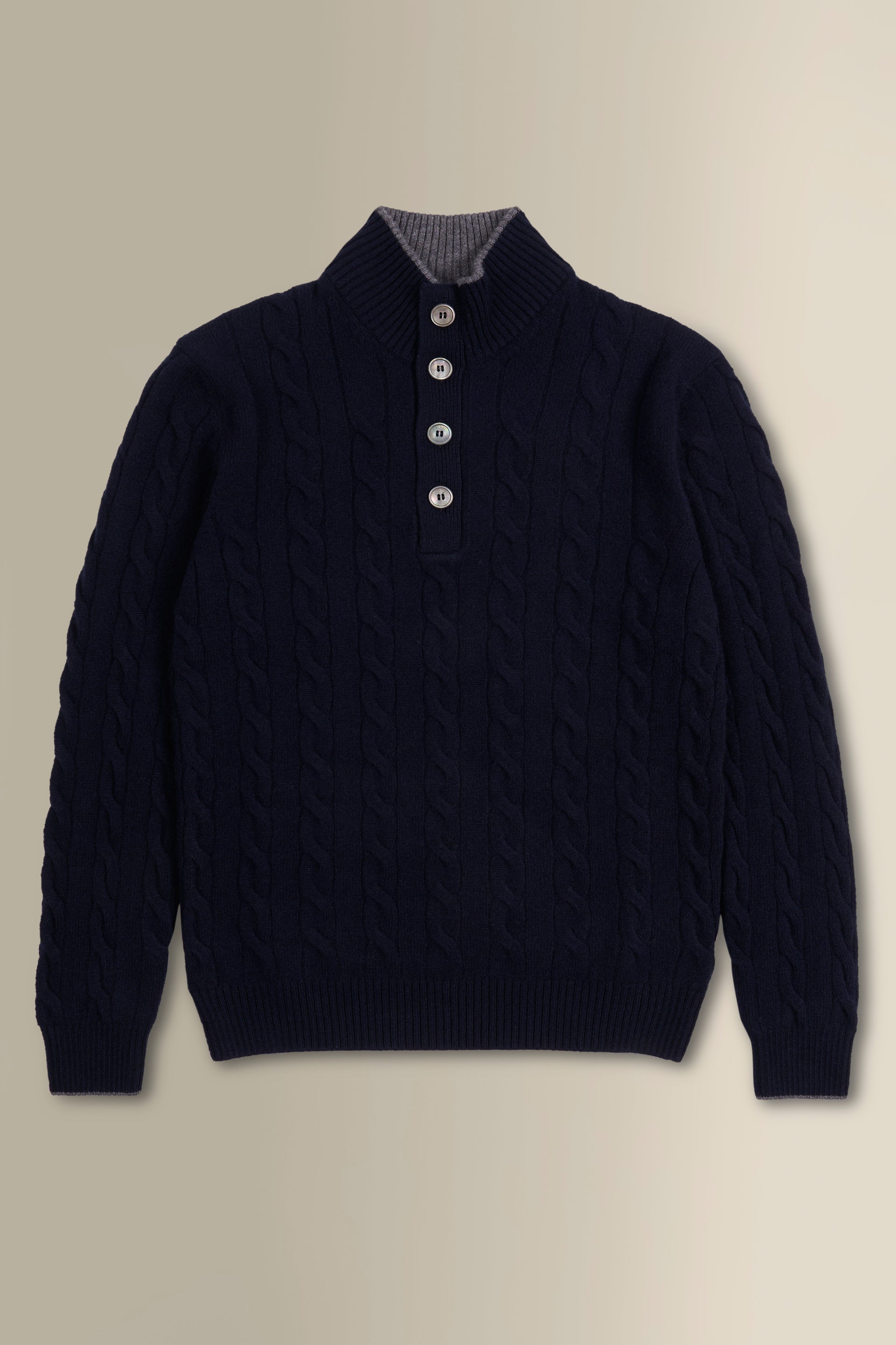 Navy & Grey Button Neck Cable Knit Jumper