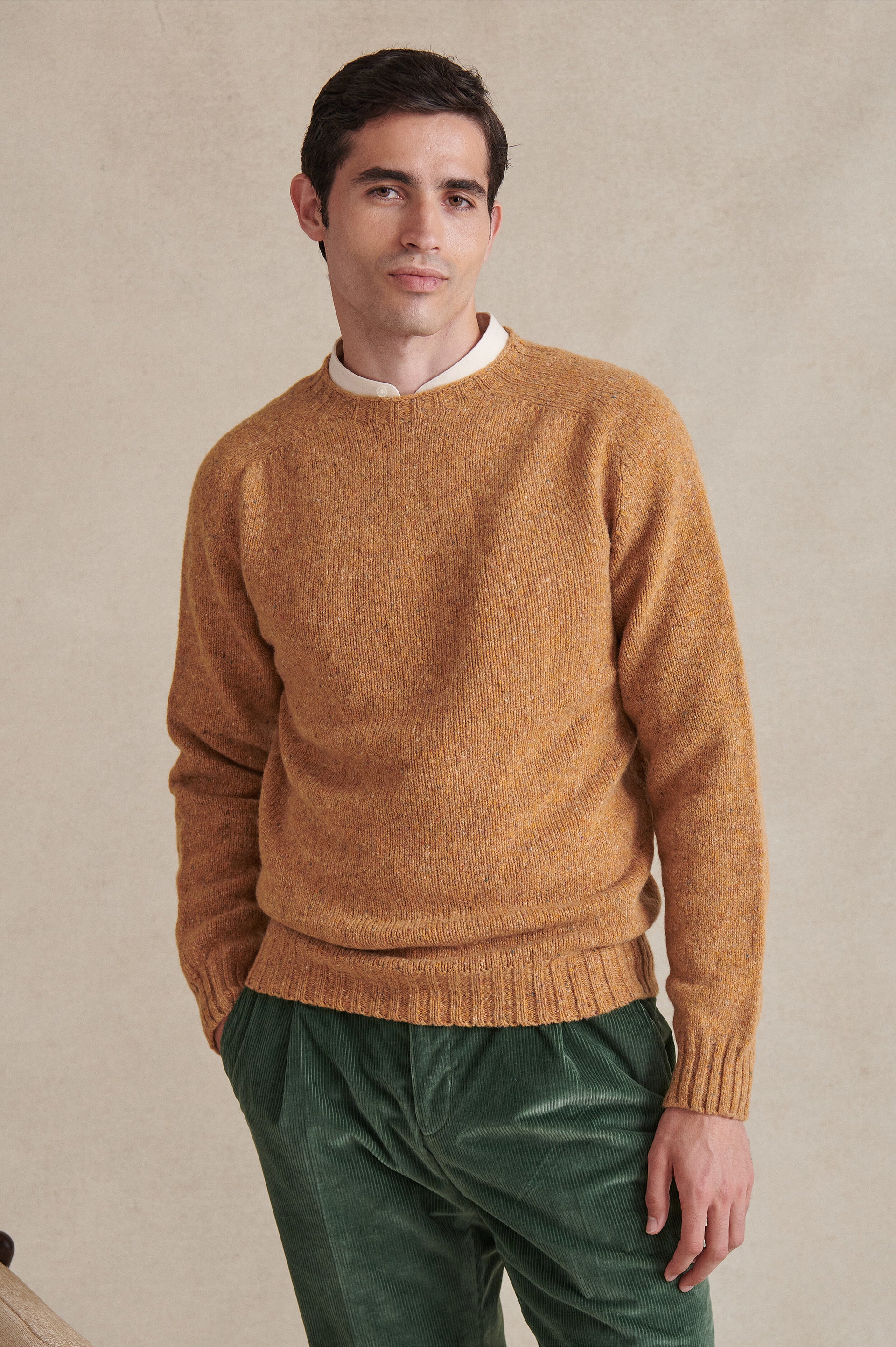Mustard Donegal Fleck Crew Neck Wool Jumper