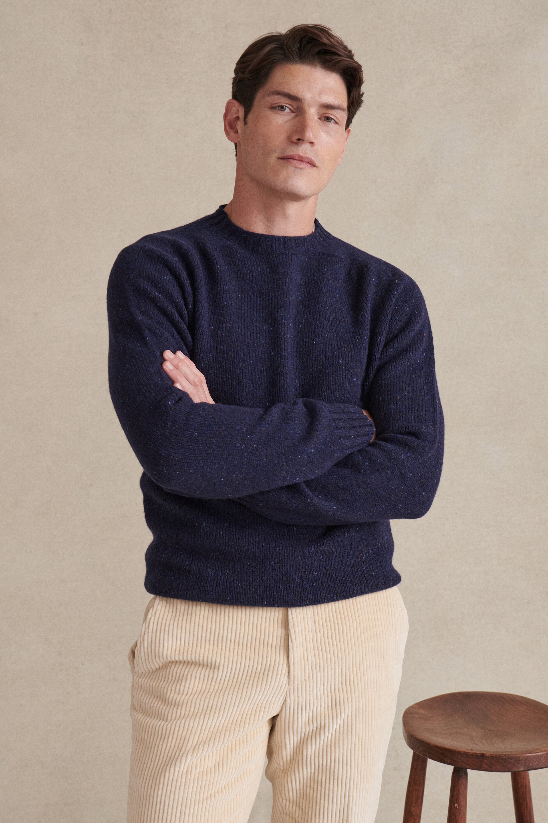 Navy Donegal Fleck Crew Neck Wool Jumper