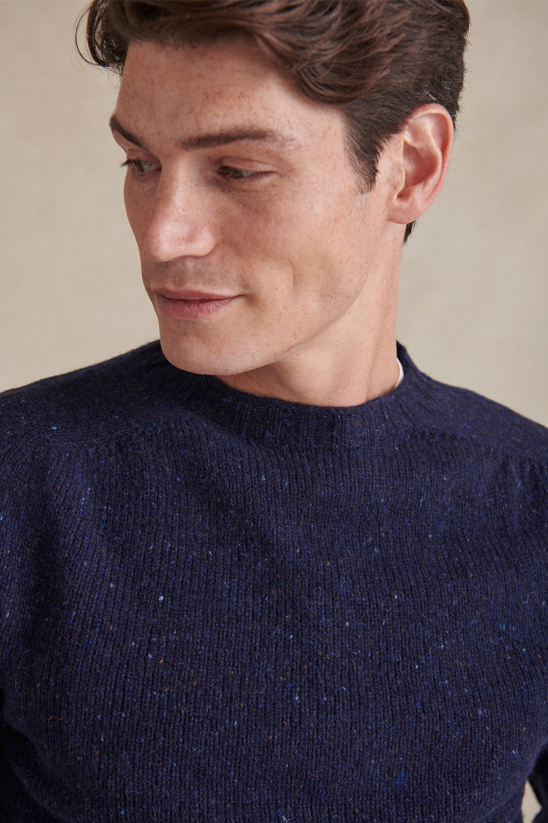Navy Donegal Fleck Crew Neck Wool Jumper