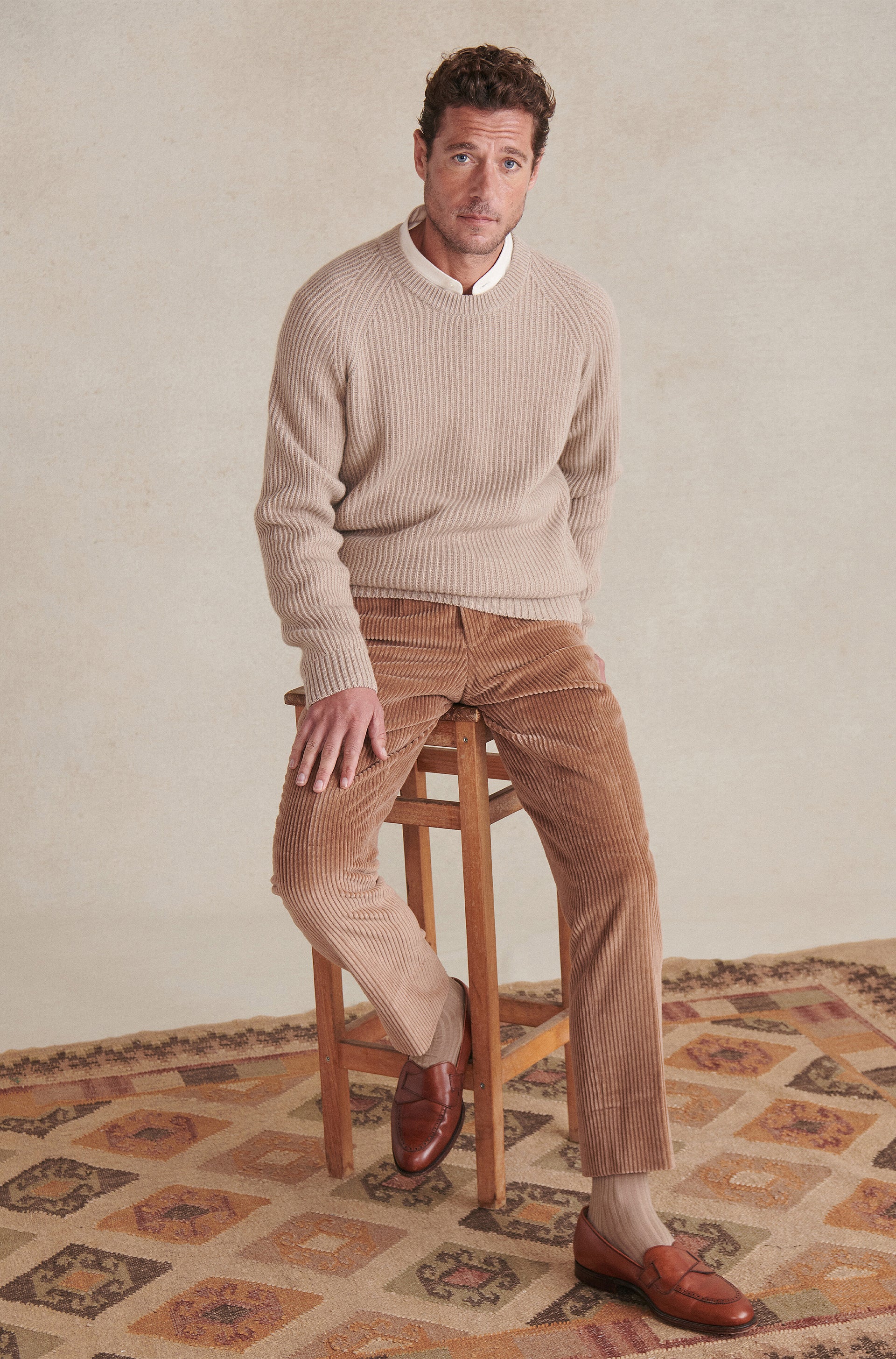 Sand Crew Neck Ribbed Cashmere Jumper