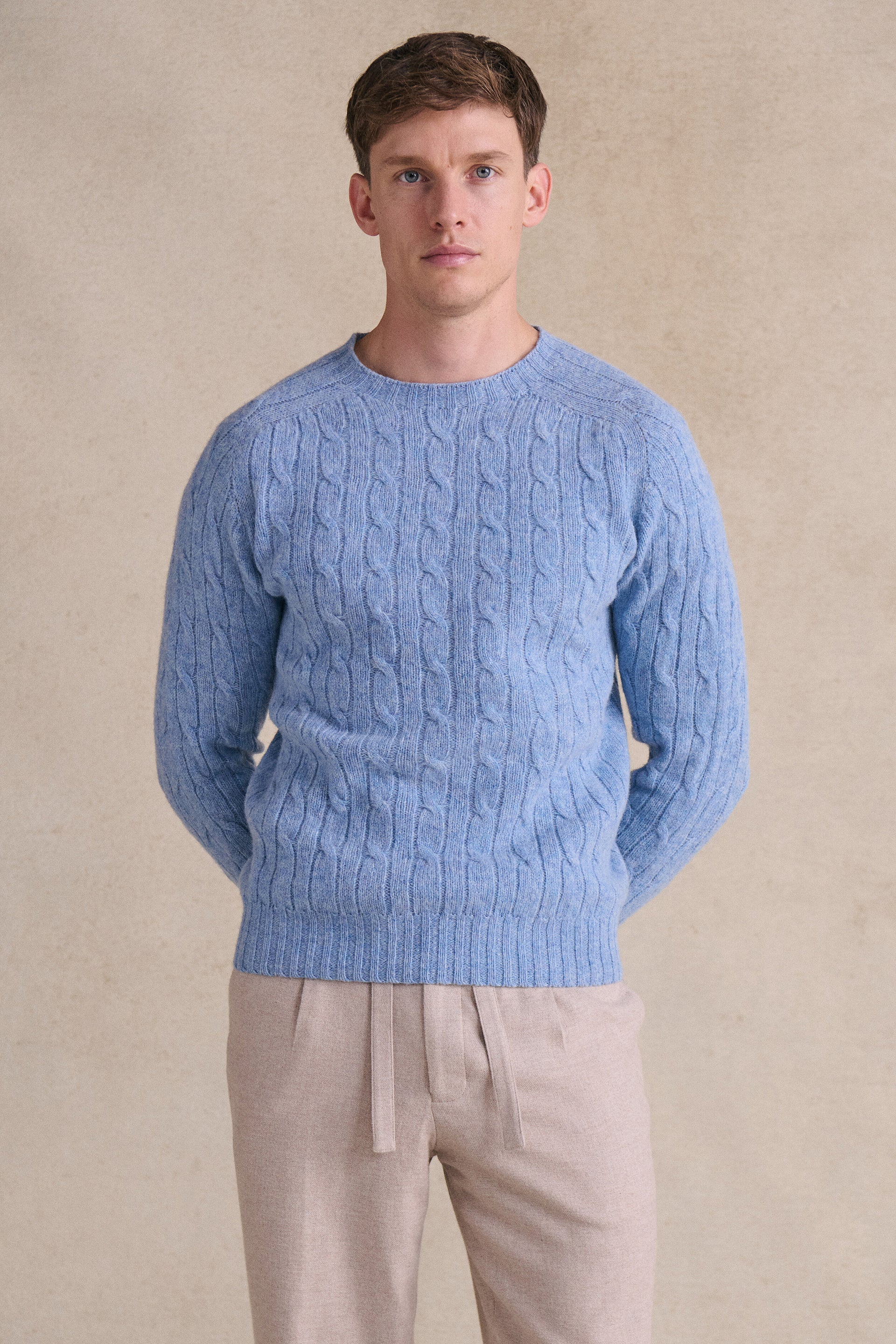 Light Blue Lambswool Cable Knit Crew Neck Jumper