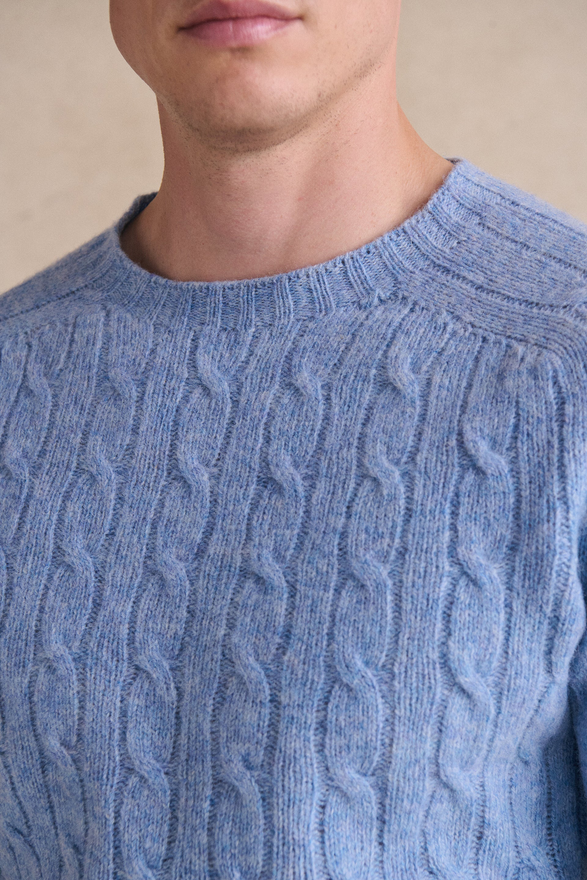 Light Blue Lambswool Cable Knit Crew Neck Jumper