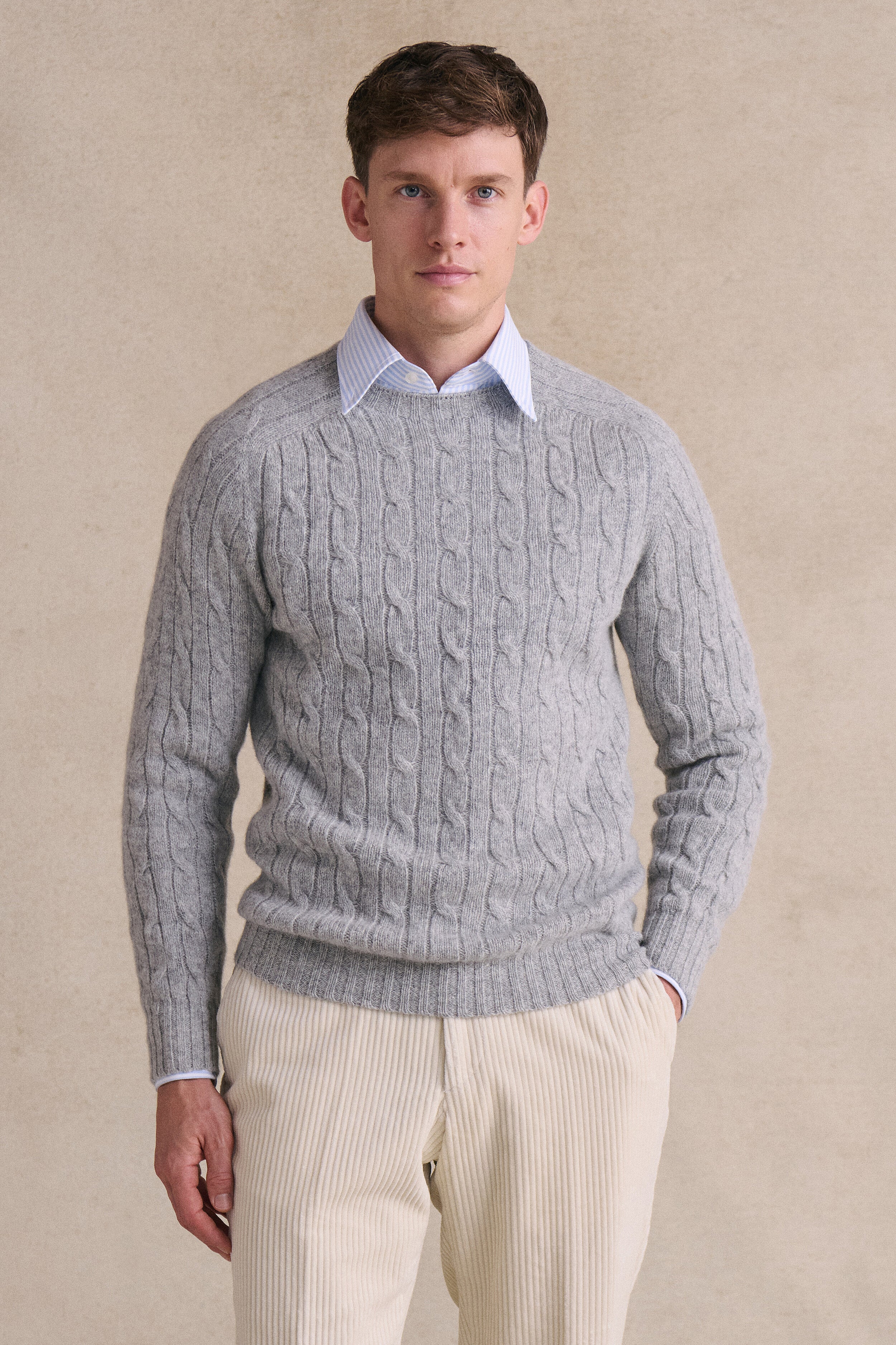 Silver Lambswool Cable Knit Crew Neck Jumper
