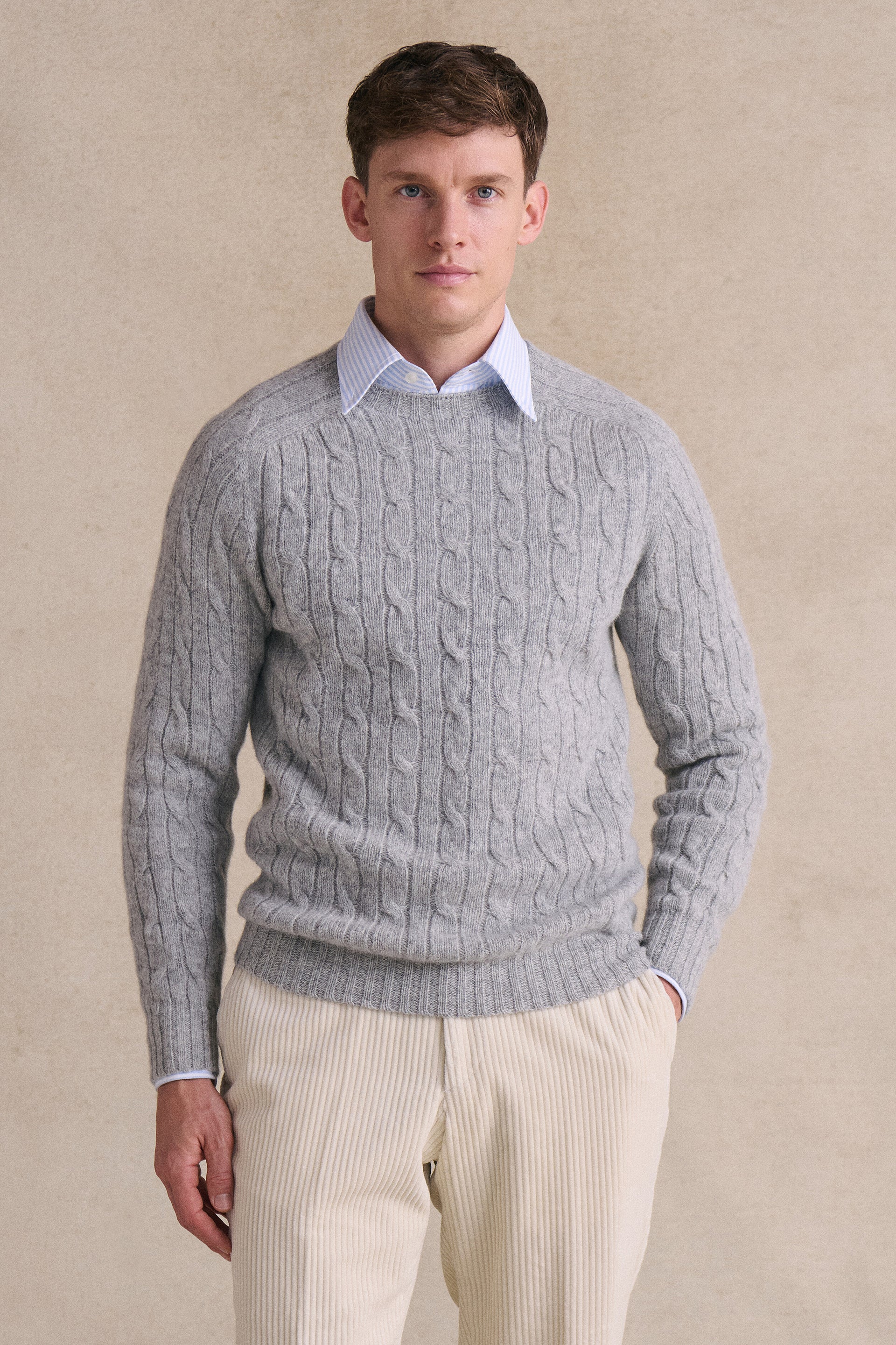 Silver Lambswool Cable Knit Crew Neck Jumper