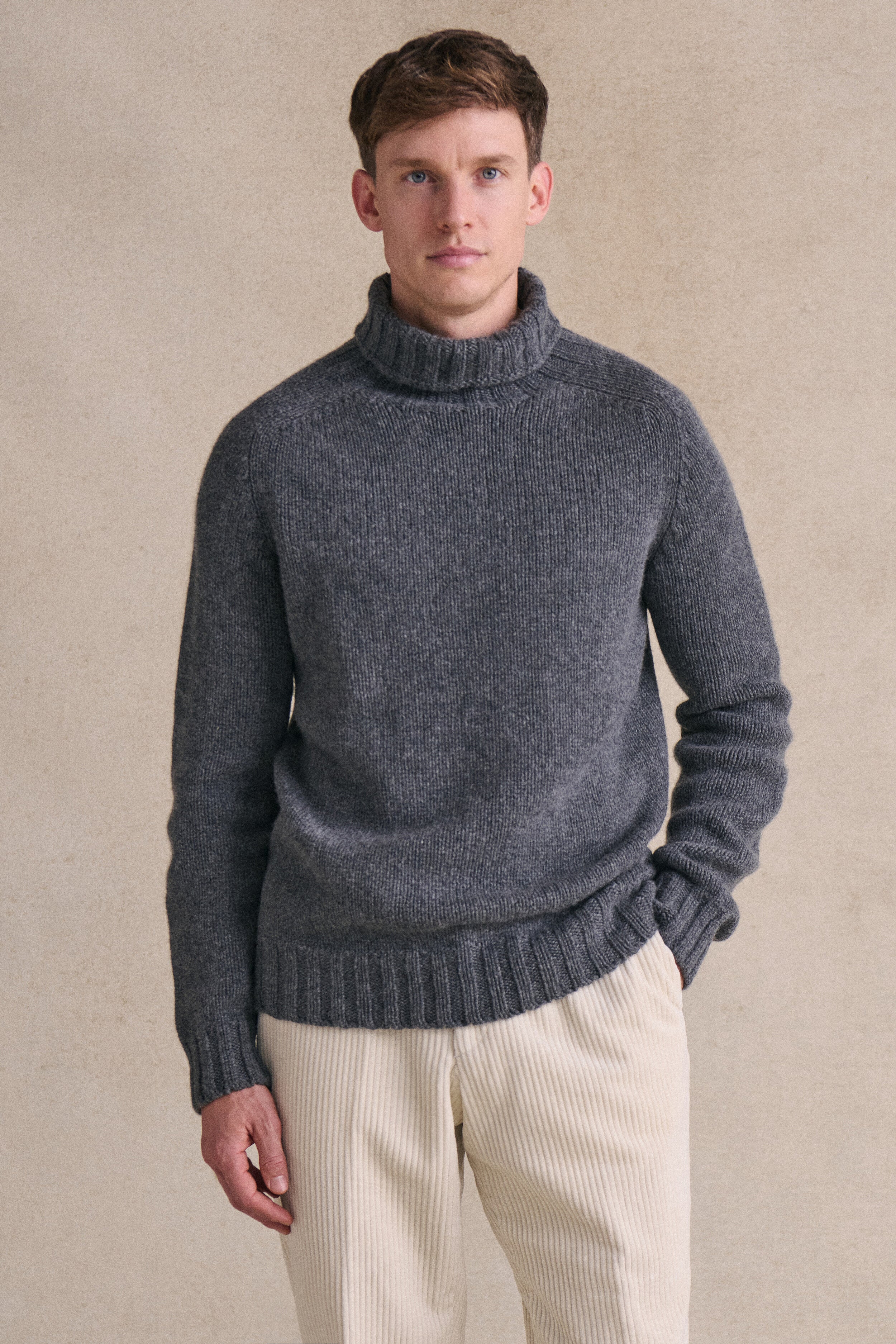 Grey Lambswool Roll Neck Jumper