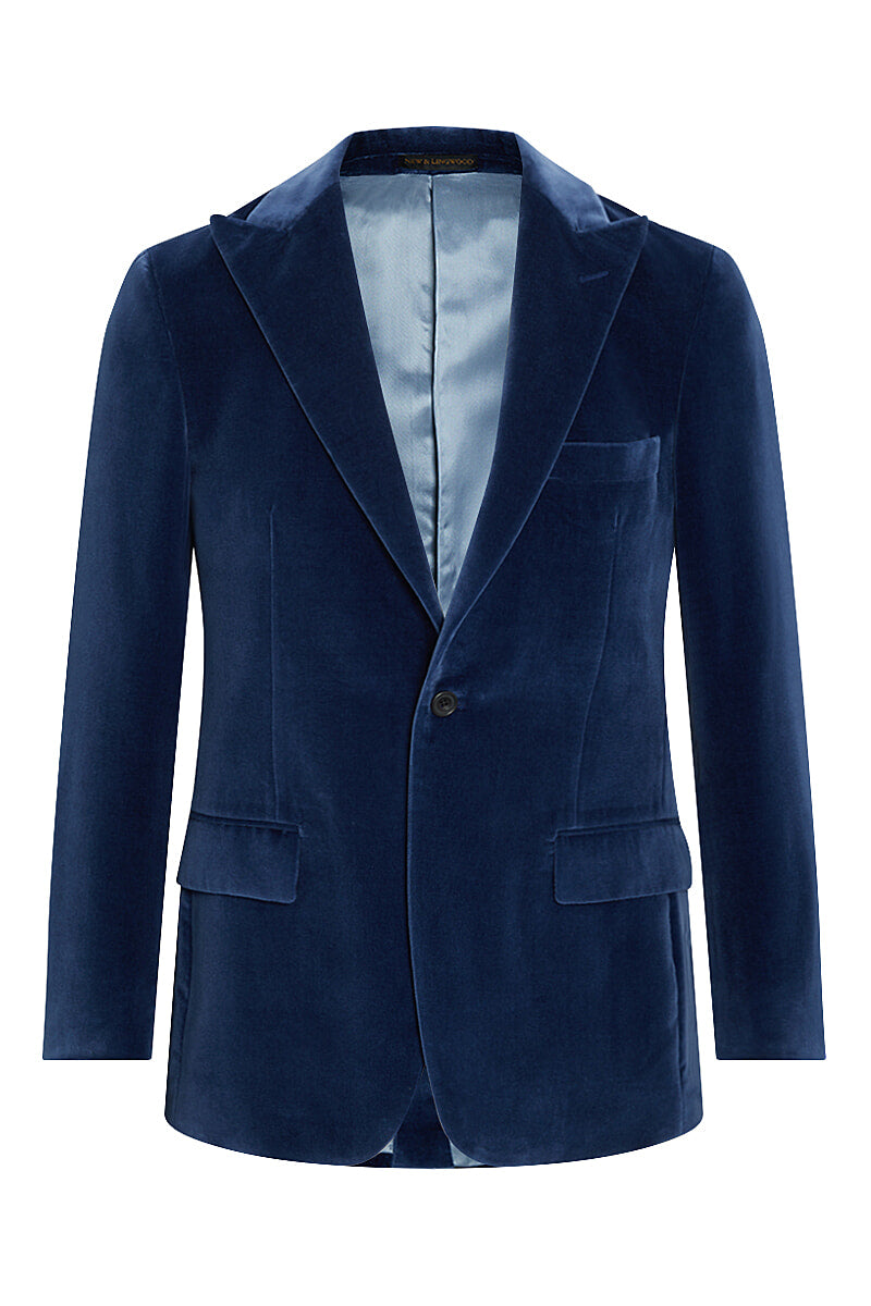Blue Peak Lapel Single Breasted Velvet Evening Jacket