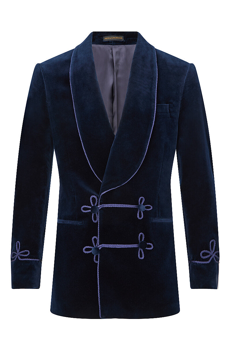 Dark Blue Double Breasted Velvet Smoking Jacket