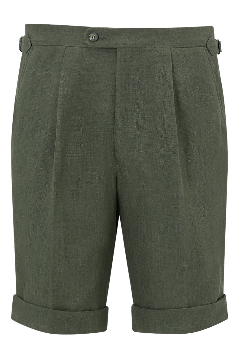 Green Single Pleat Linen Shorts