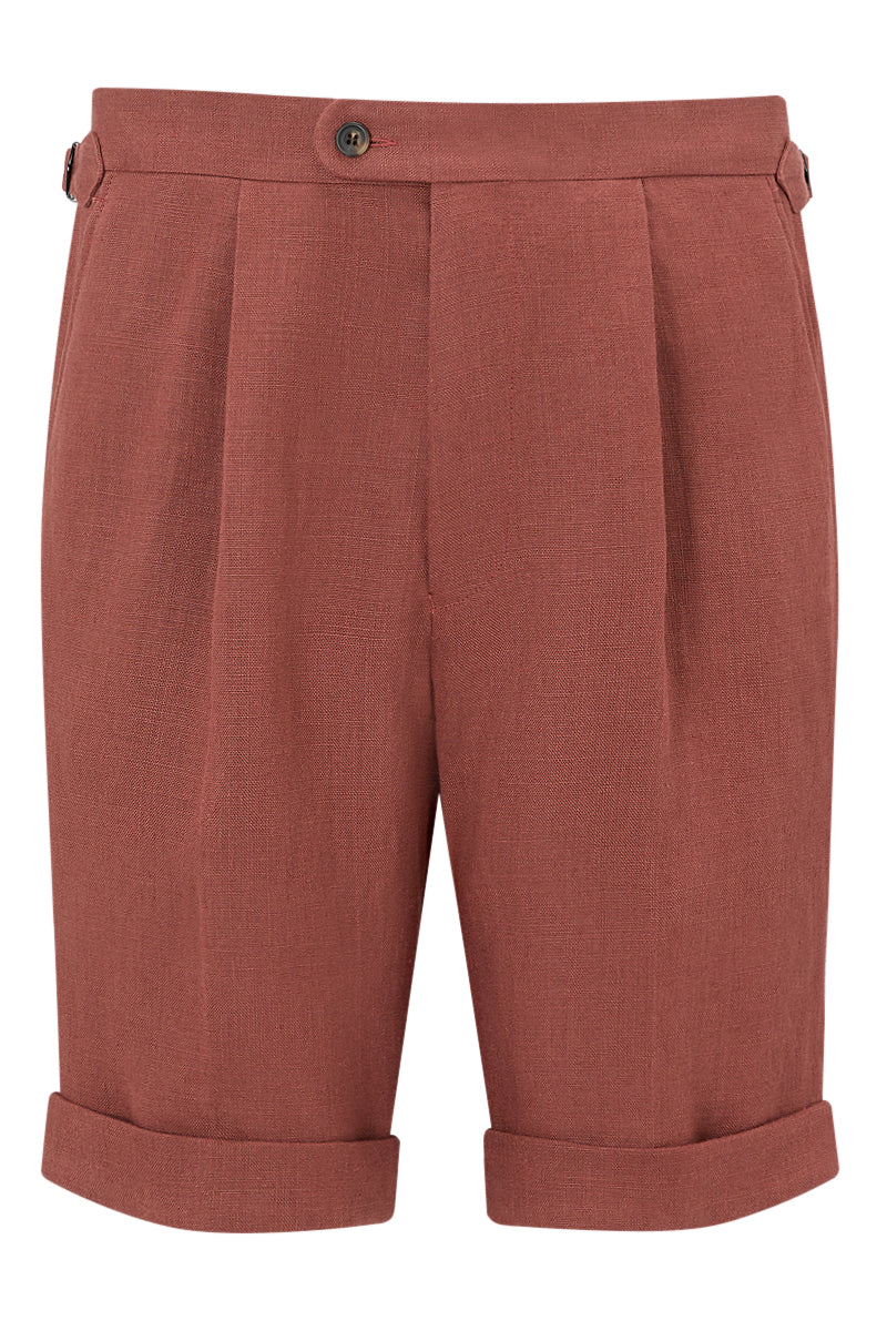 Rust Single Pleat Linen Shorts