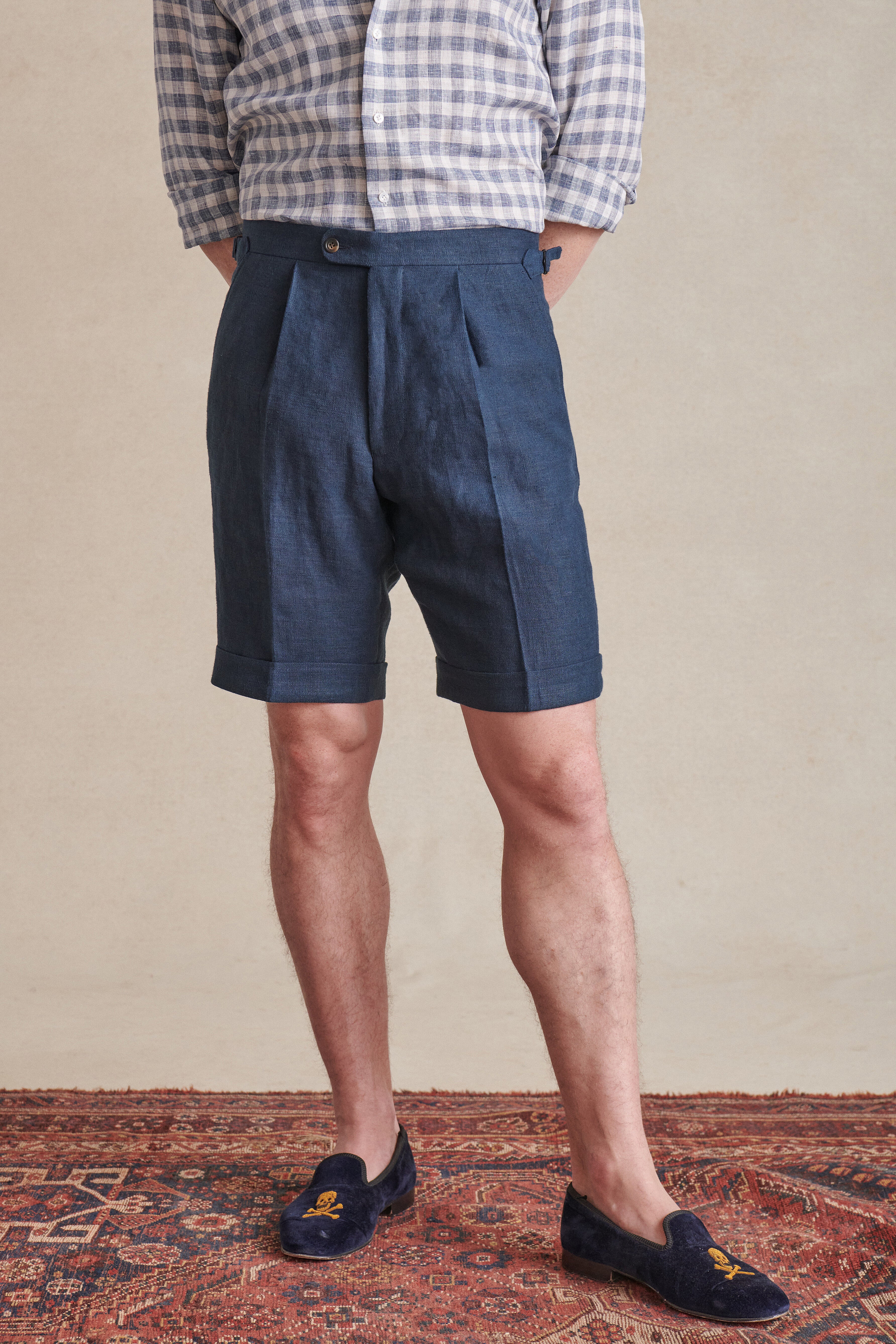 Navy Single Pleat Linen Shorts