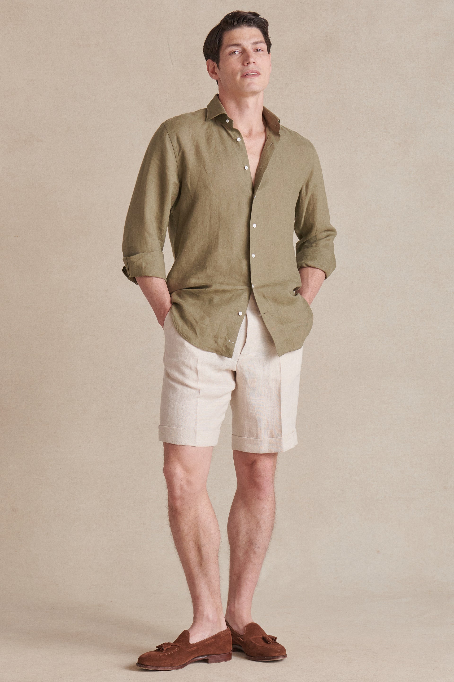 Cream Single Pleat Linen Shorts