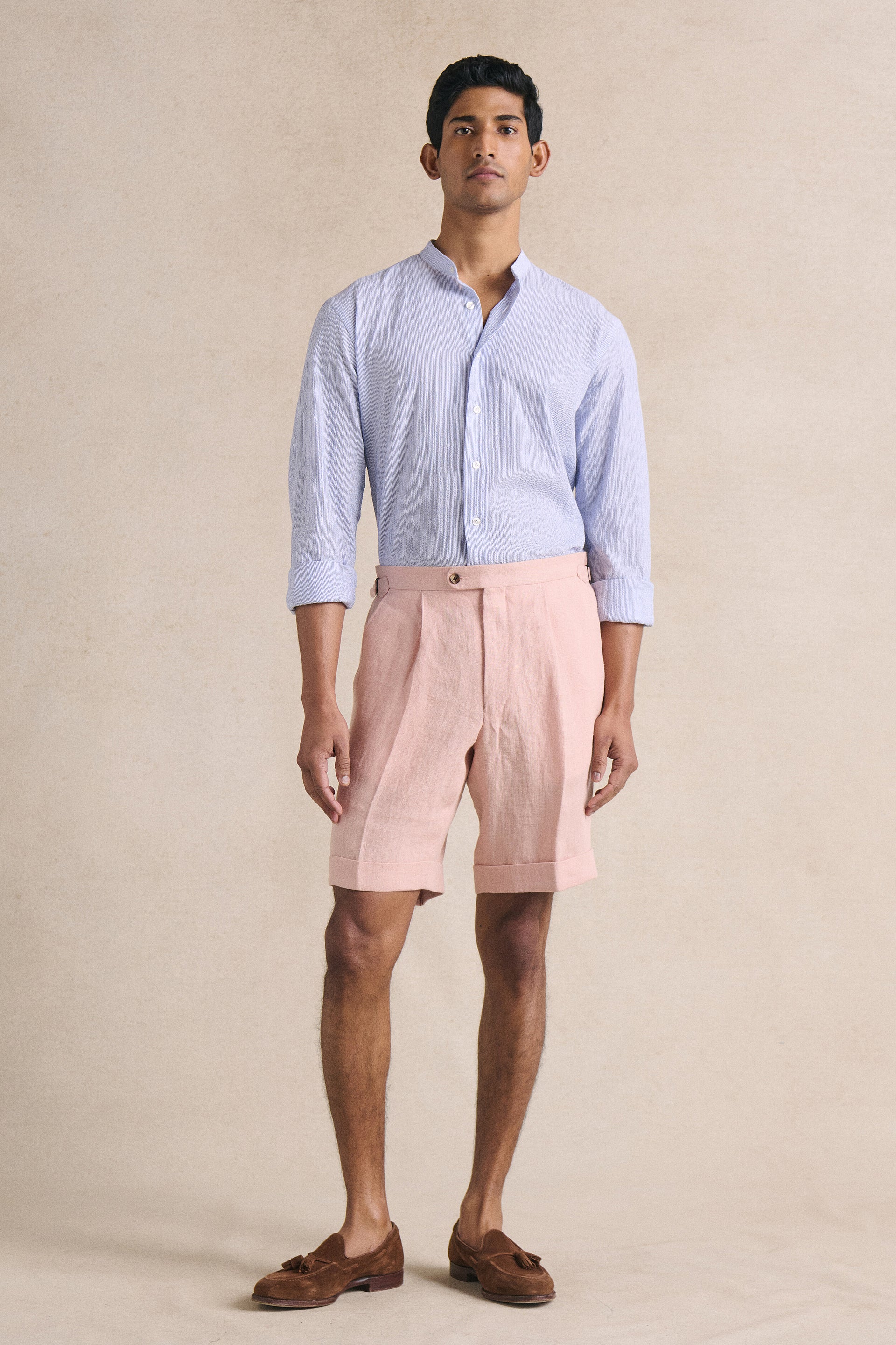 Pink Single Pleat Linen Shorts