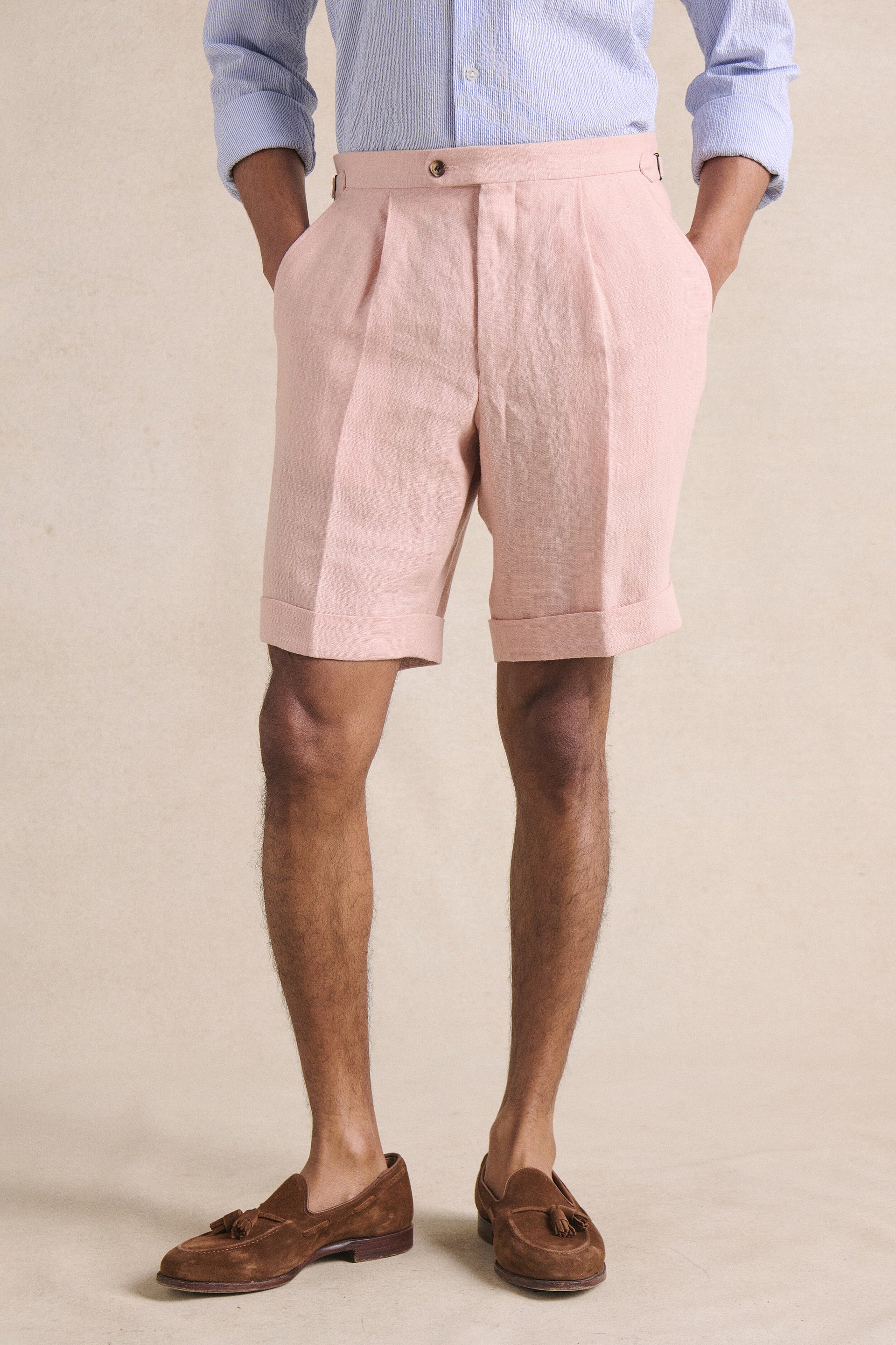 Pink Single Pleat Linen Shorts