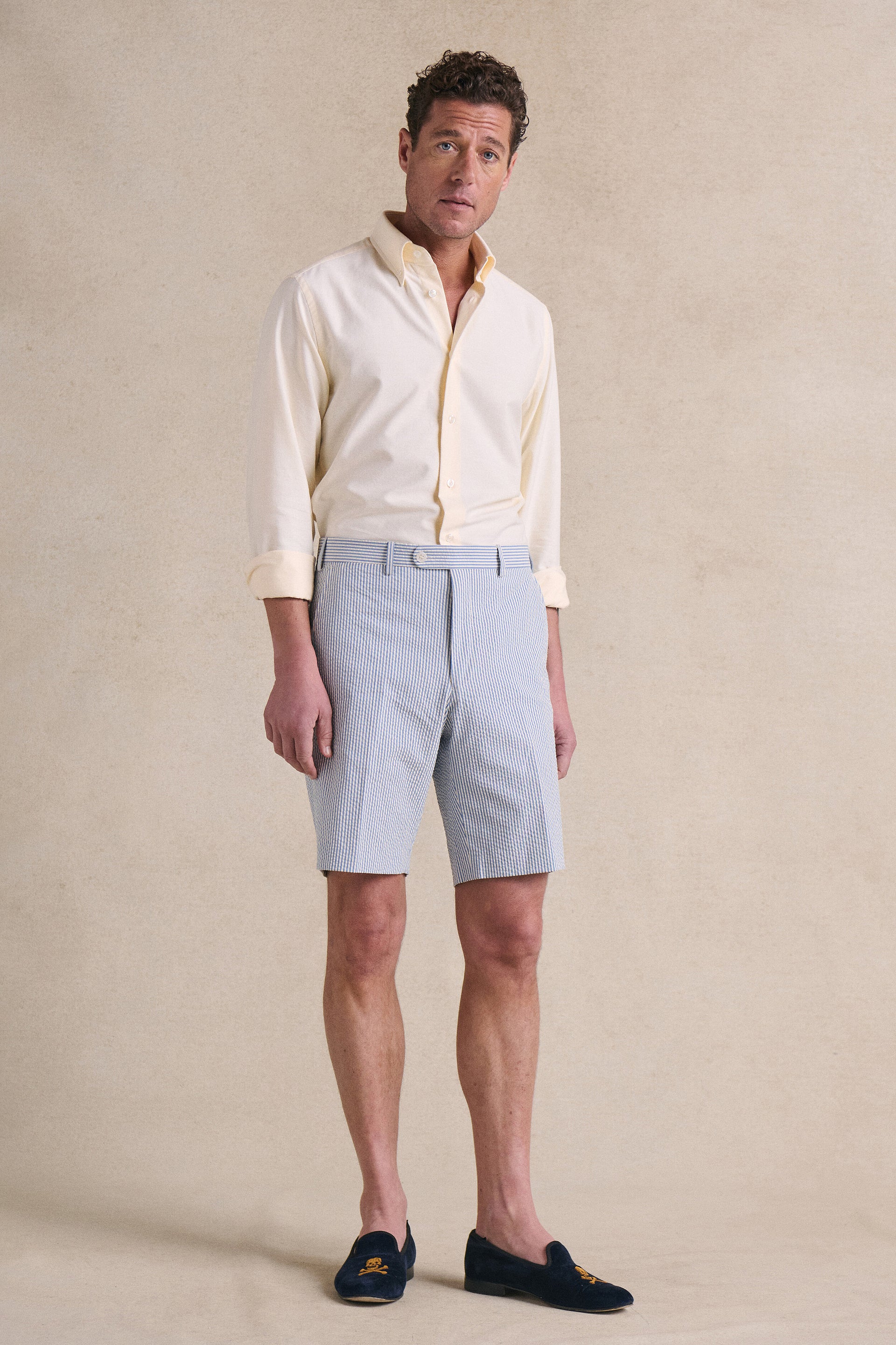 Blue Stripe Flat Front Seersucker Shorts