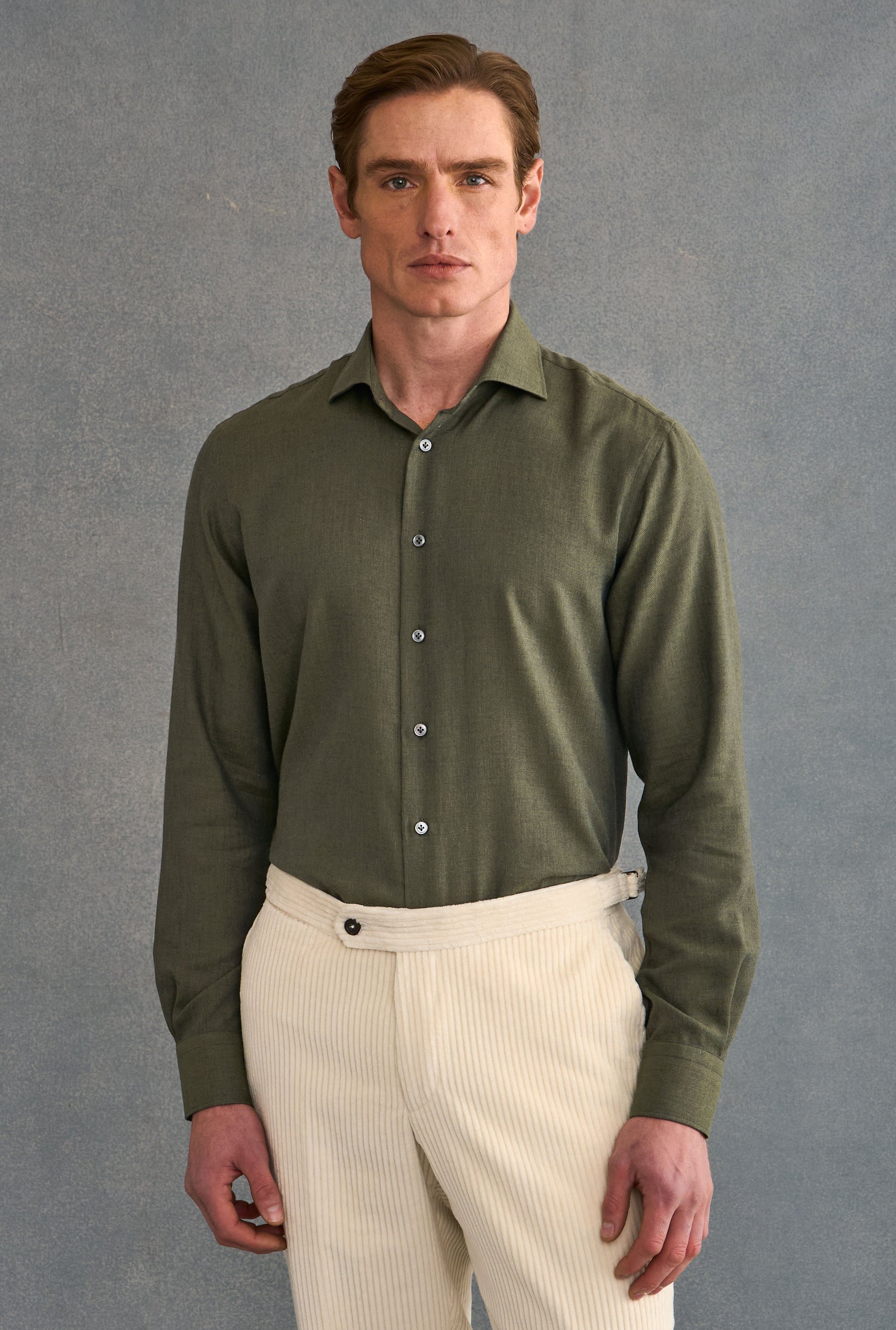 Khaki Cutaway Collar Standard Fit Cotton & Cashmere Shirt