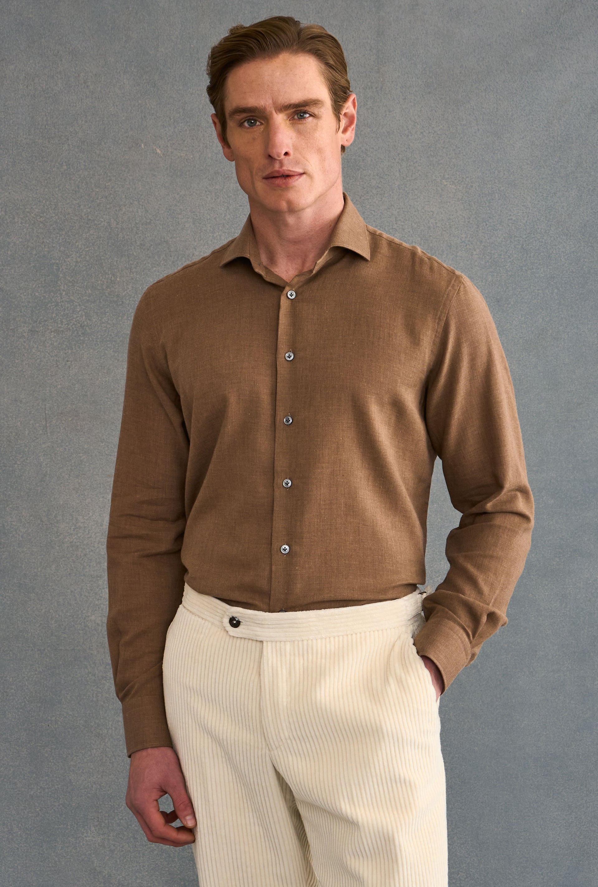 Brown Cutaway Collar Standard Fit Cotton & Cashmere Shirt