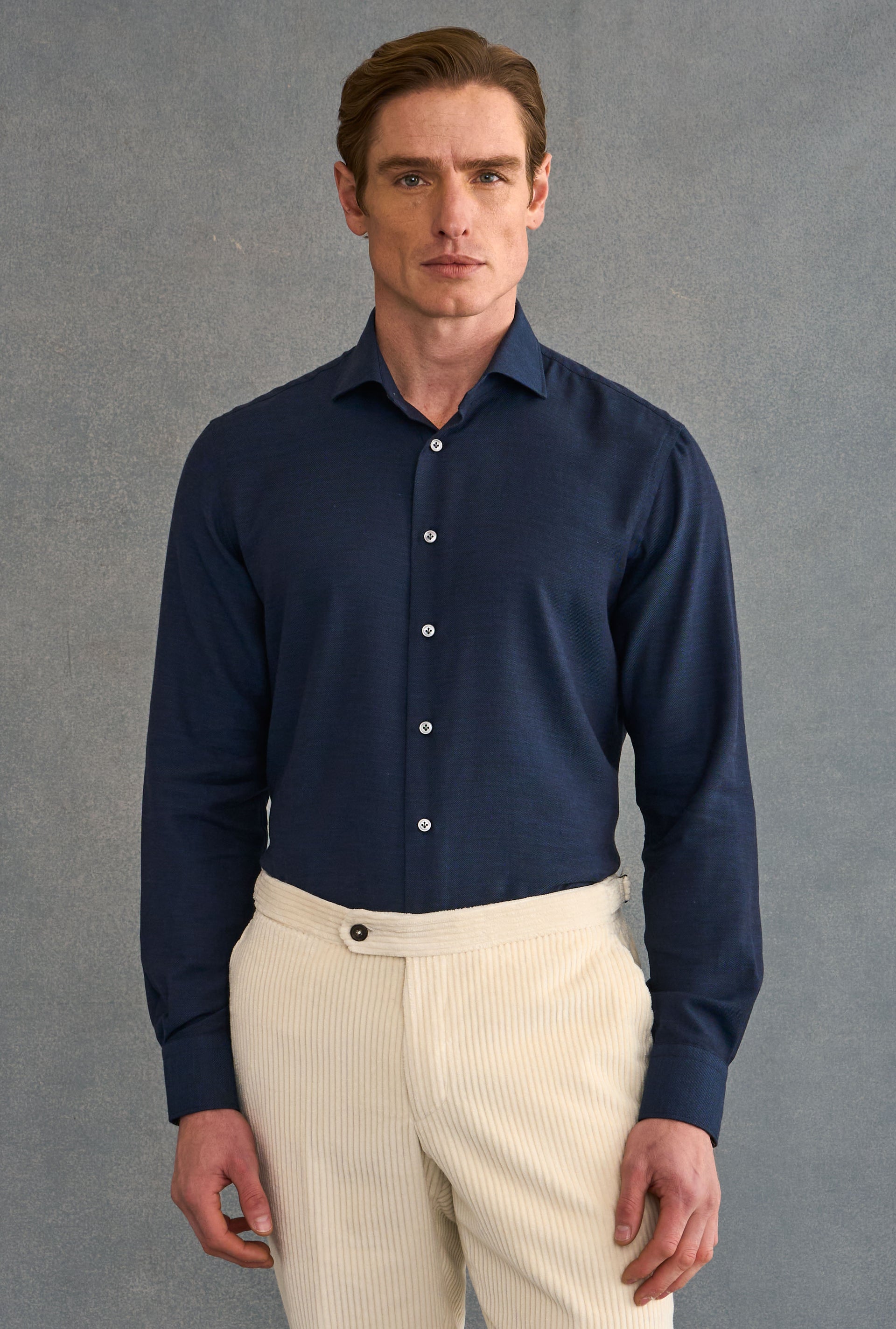 Navy Cutaway Collar Standard Fit Cotton & Cashmere Shirt