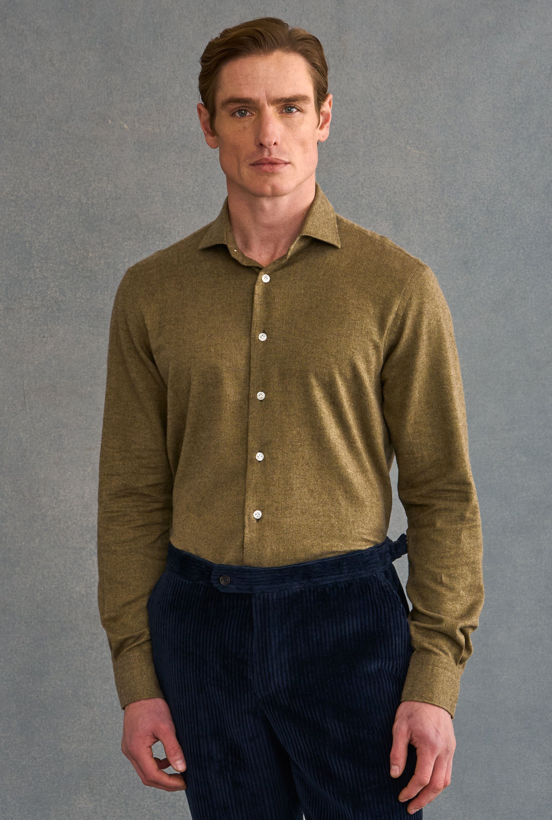 Khaki Herringbone Cutaway Collar Standard Fit Flannel Shirt